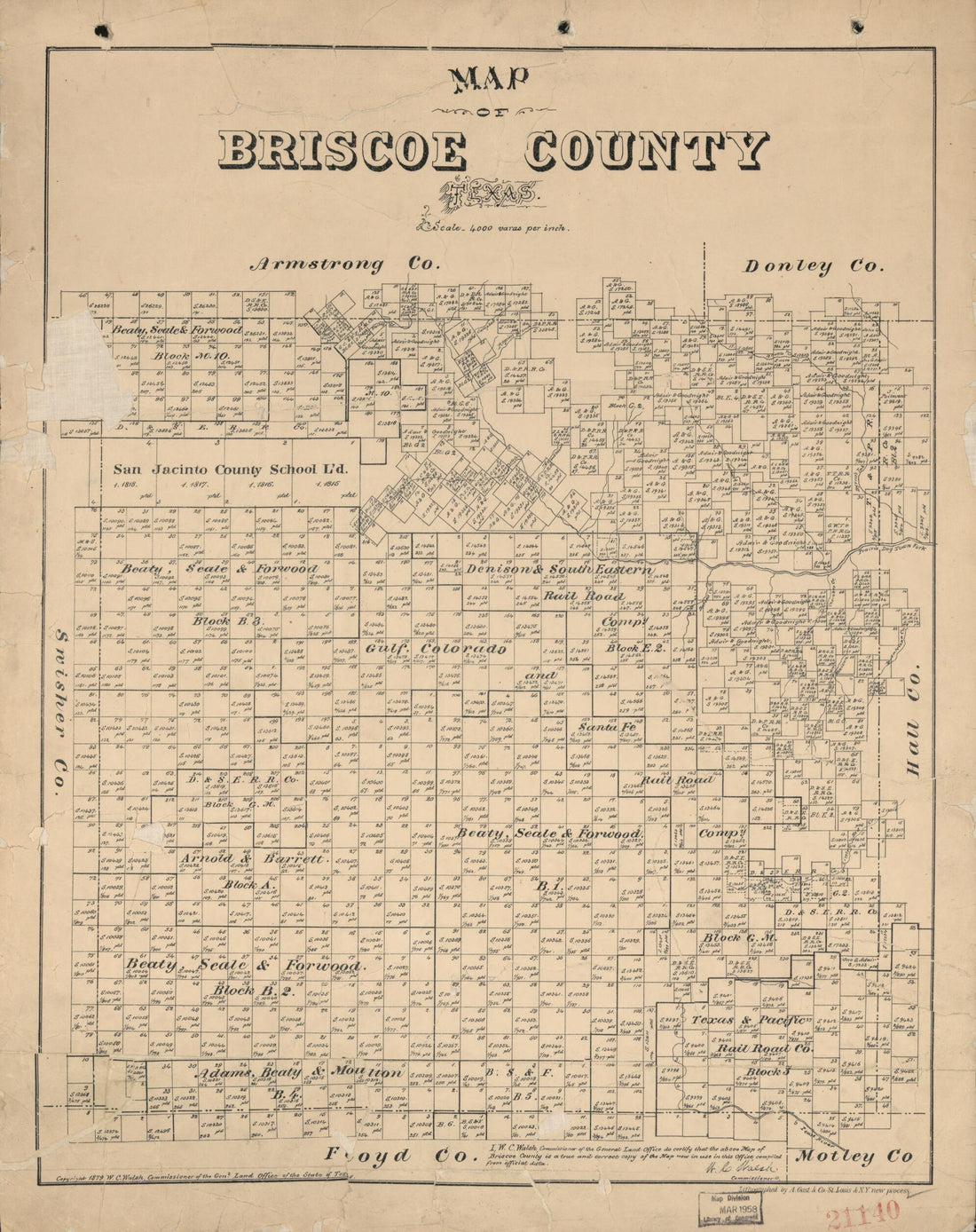 This old map of Map of Briscoe County, Texas from 1879 was created by August Gast & Co, Texas. General Land Office, W. C. (William C.) Walsh in 1879