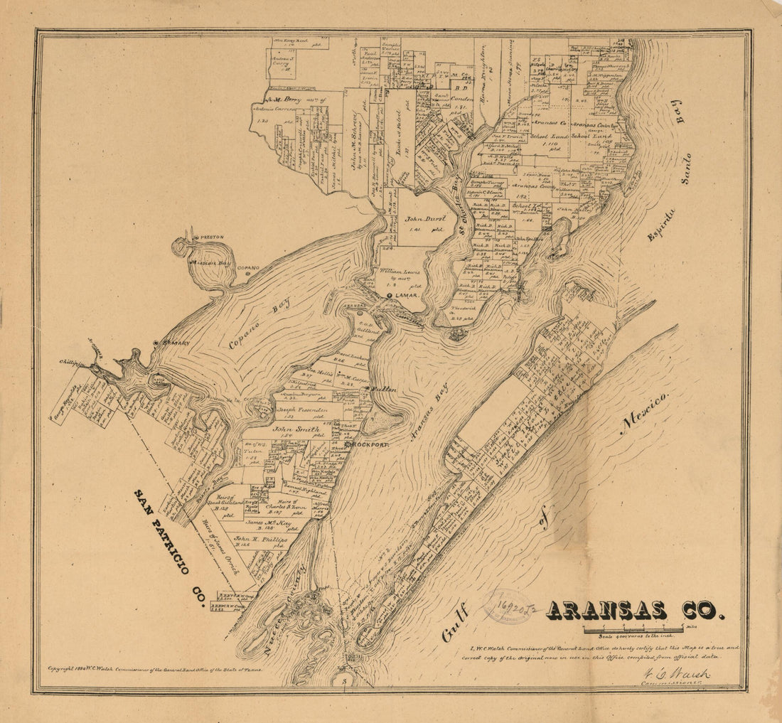 This old map of Aransas Co. (Aransas County) from 1880 was created by Texas. General Land Office, W. C. (William C.) Walsh in 1880