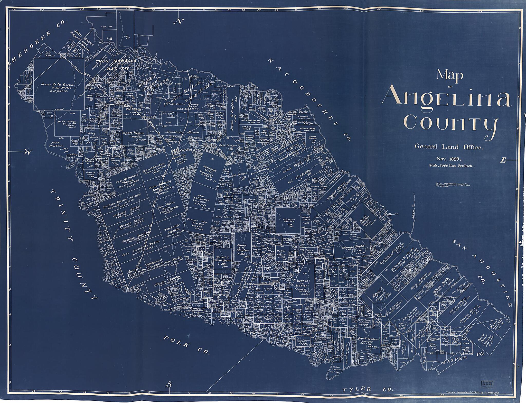 This old map of Map of Angelina County from 1899 was created by Texas. General Land Office in 1899