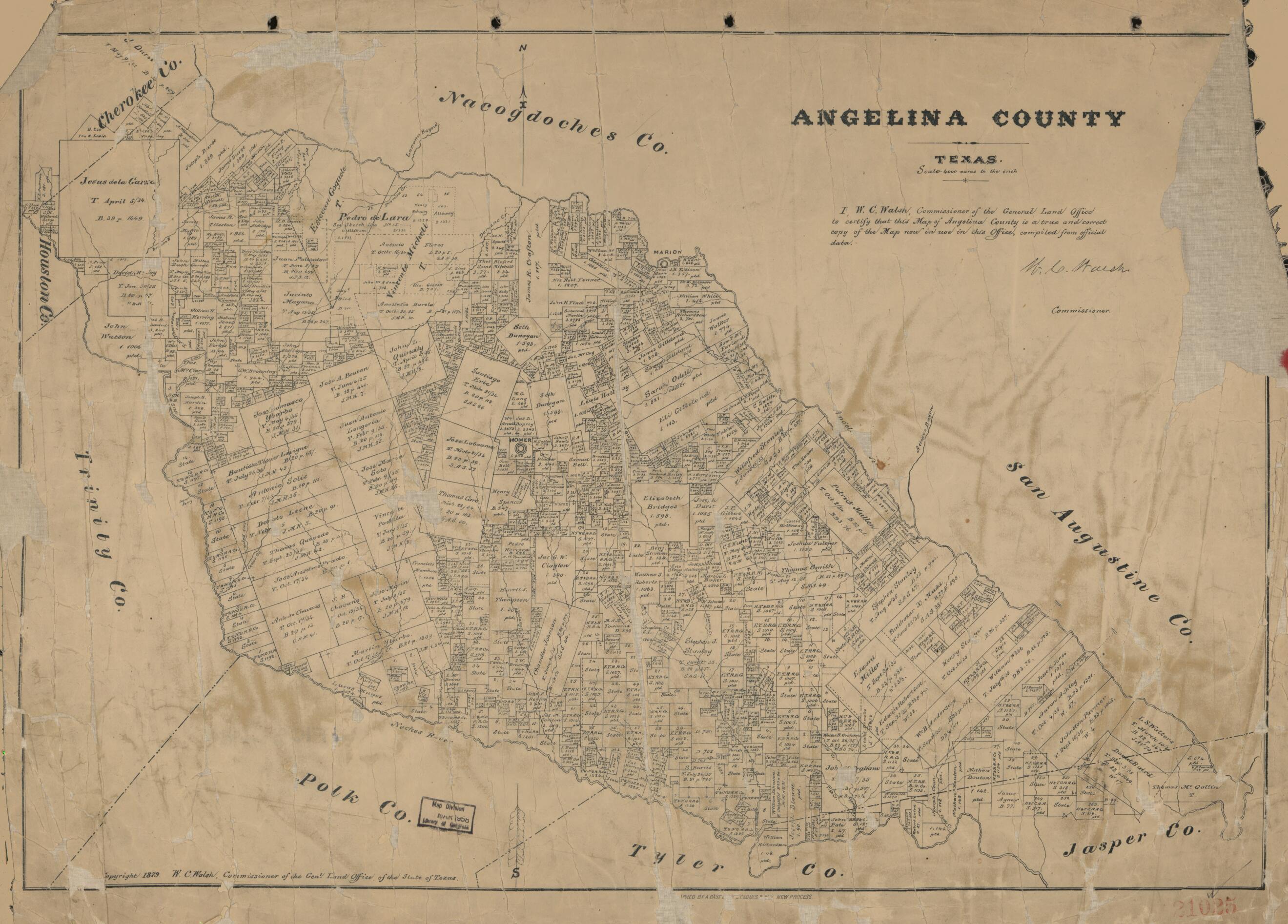 This old map of Angelina County, Texas from 1879 was created by August Gast & Co, Texas. General Land Office, W. C. (William C.) Walsh in 1879