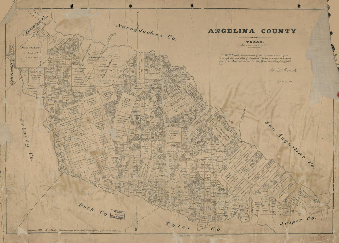 This old map of Angelina County, Texas from 1879 was created by August Gast & Co, Texas. General Land Office, W. C. (William C.) Walsh in 1879