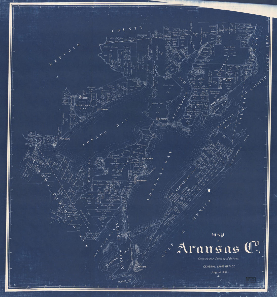 This old map of Map of Aransas Co. (Map of Aransas County, Texas) from 1896 was created by E. Schütze, Texas. General Land Office in 1896