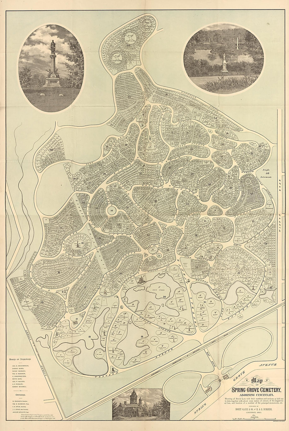 This old map of Map of Spring Grove Cemetery, Adjoining Cincinnati : Showing All Burial Lots With Their Numbers and Sections, As Laid Out to Date, Together With About 2000 Names of Owners of the Largest Sized Lots, and Location of a Number of the Princip