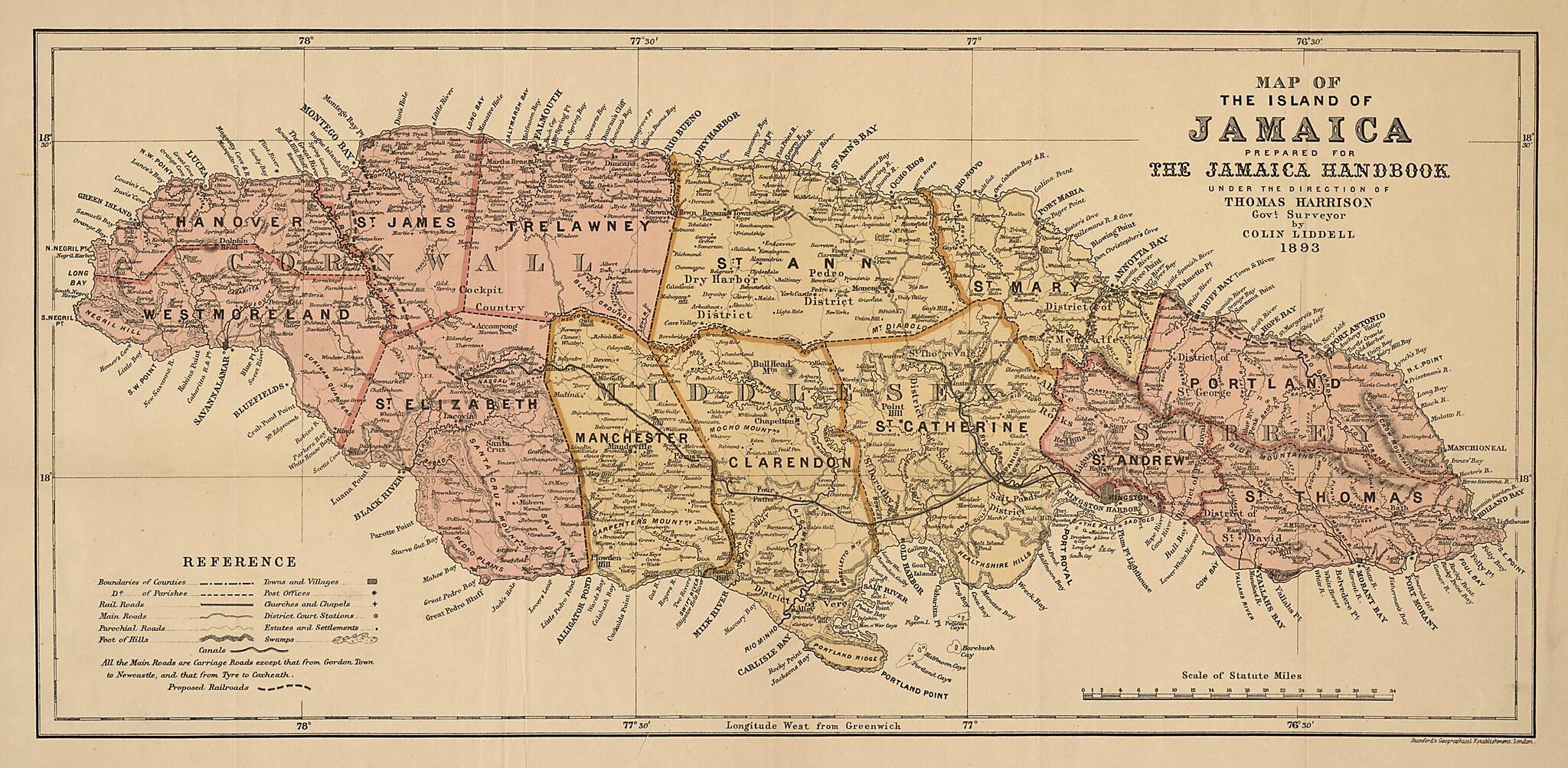 This old map of Map of the Island of Jamaica from 1893 was created by Colin Liddell in 1893