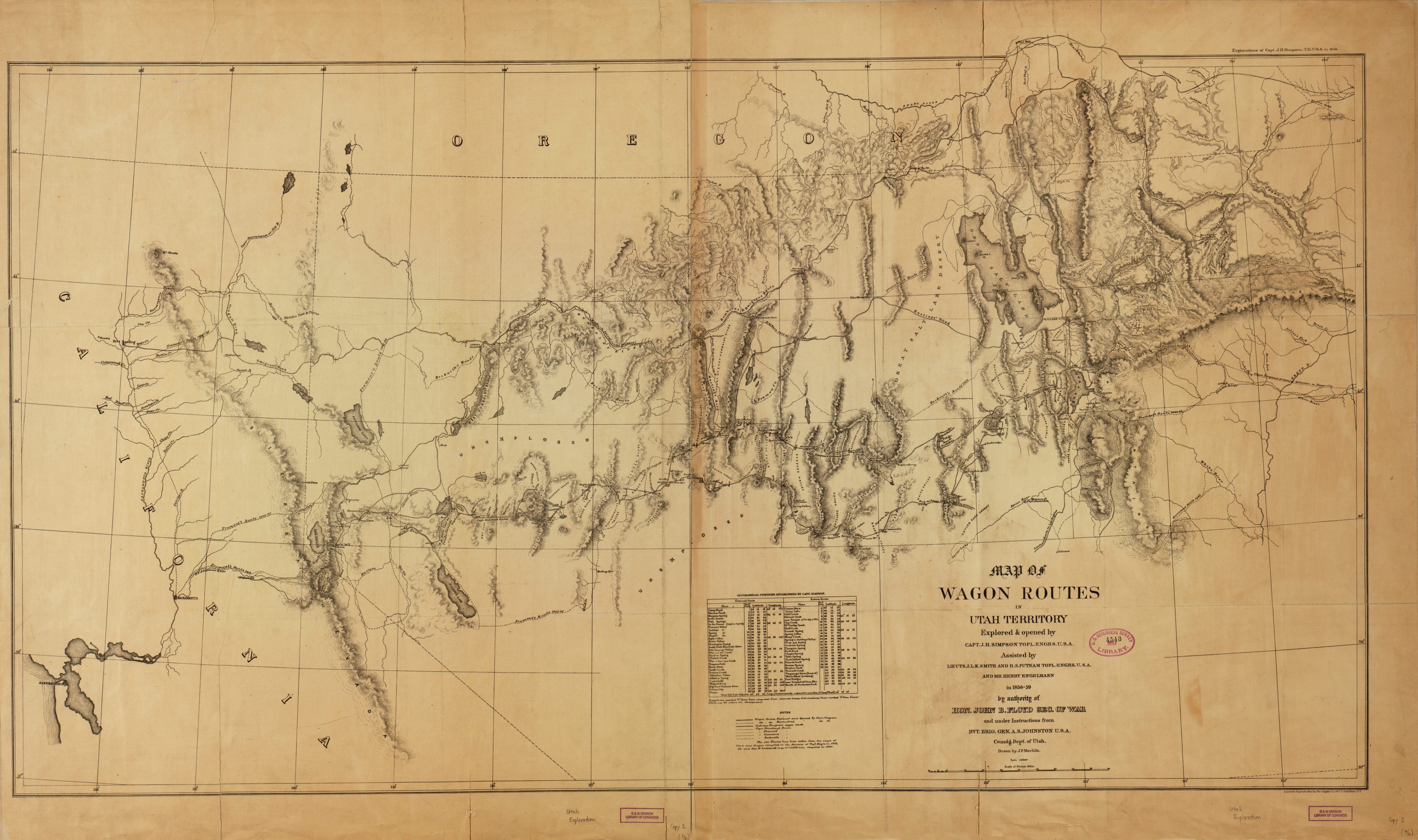 This old map of Map of Wagon Routes In Utah Territory (Explorations of Capt. J.H. Simpson, T.E.U.S.A. In from 1859) was created by Graphic Company, J. R. P. Mechlin, Haldimand Sumner Putnam, J. H. (James Hervey) Simpson, J. K. L. Smith, United States.