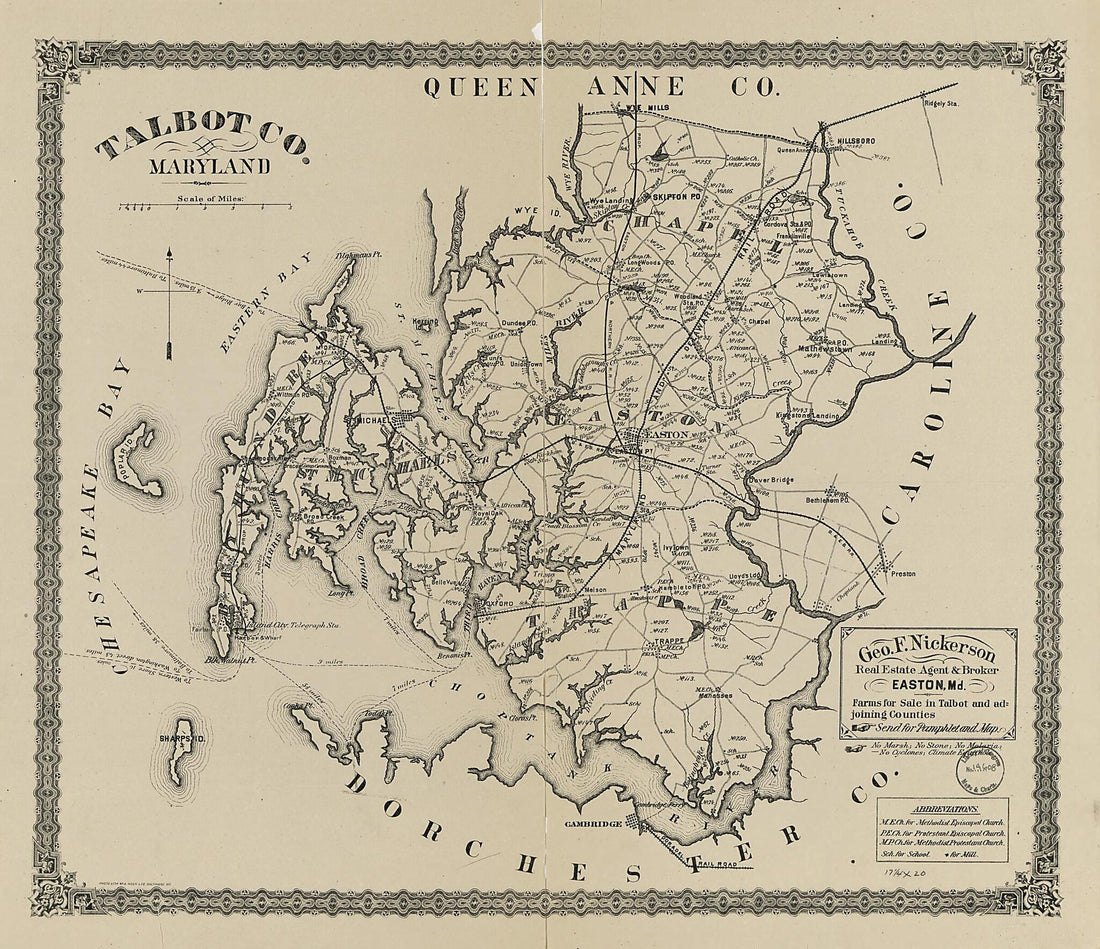 This old map of Talbot County, Maryland from 1875 was created by A. Hoen & Co in 1875