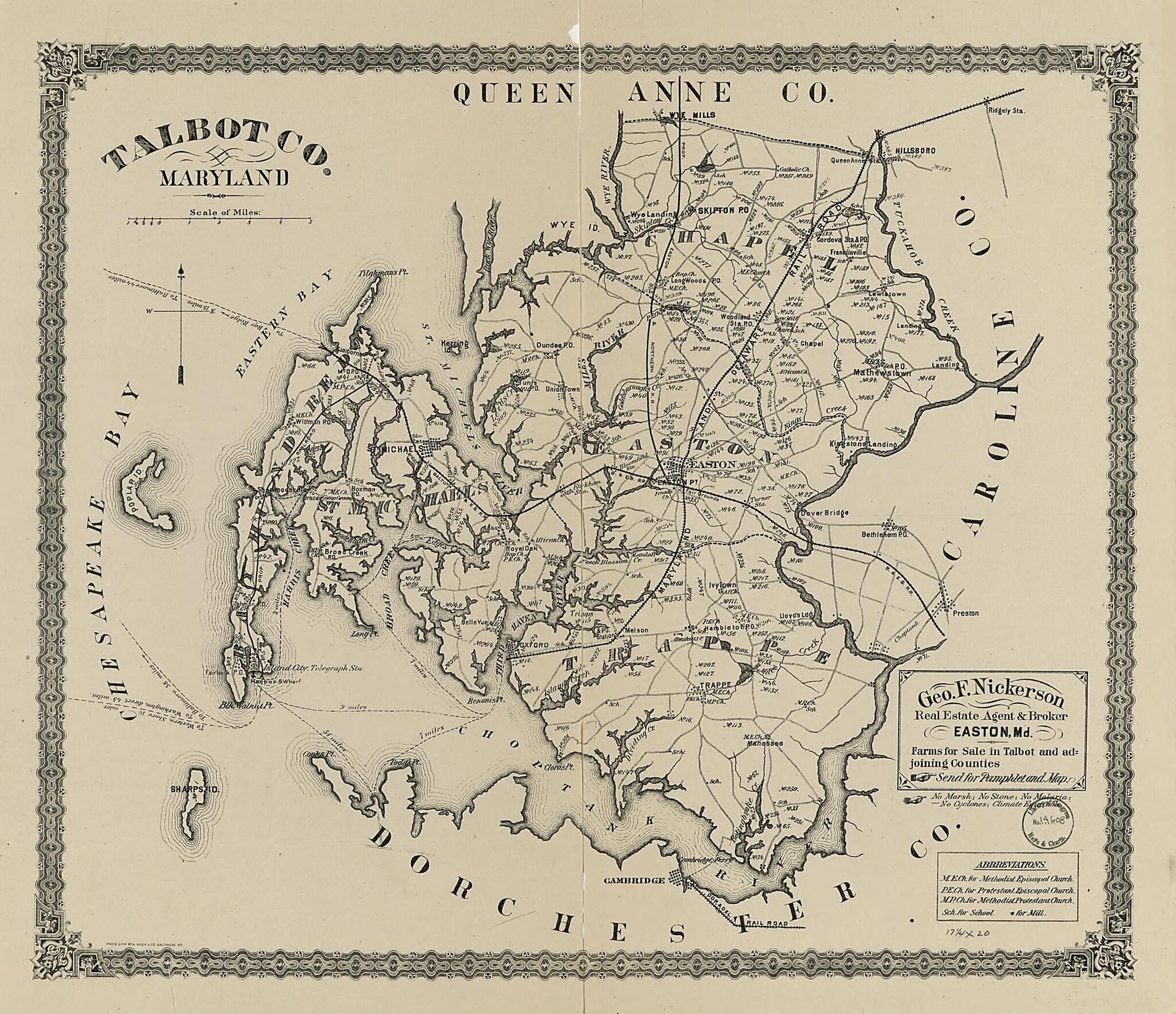 This old map of Talbot County, Maryland from 1875 was created by A. Hoen & Co in 1875