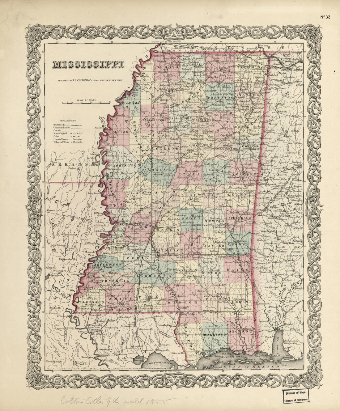 This old map of Mississippi from 1855 was created by G. Woolworth (George Woolworth) Colton, J.H. Colton & Co in 1855