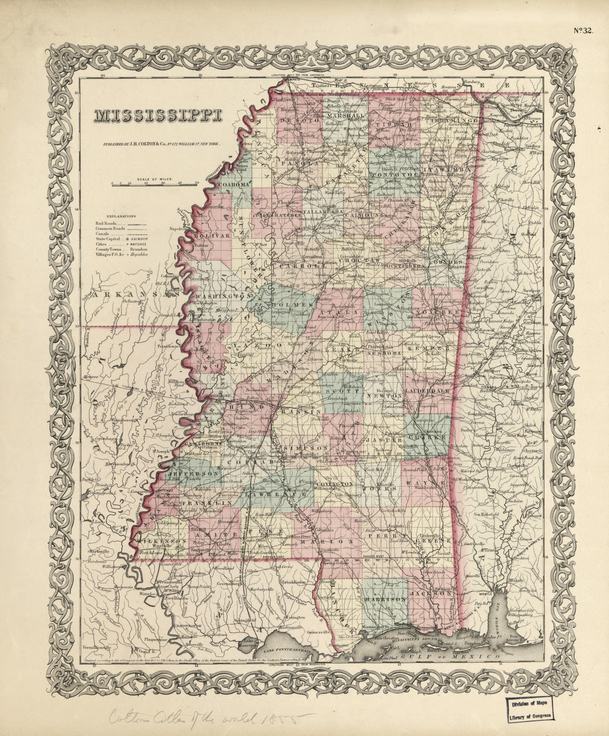 This old map of Mississippi from 1855 was created by G. Woolworth (George Woolworth) Colton, J.H. Colton & Co in 1855