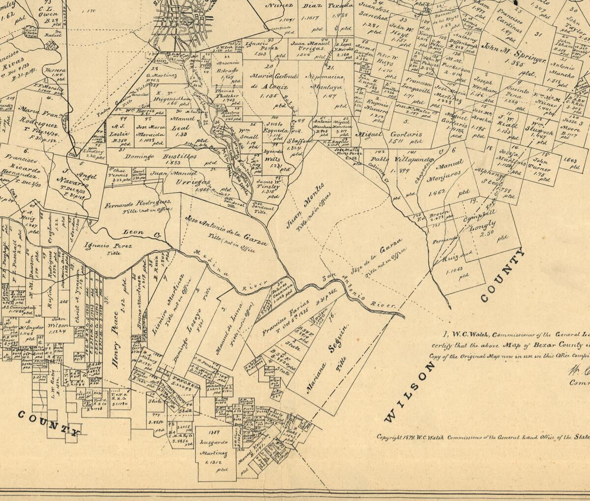 This old map of Map of Bexar County from 1879 was created by W. C. (William C.) Walsh in 1879