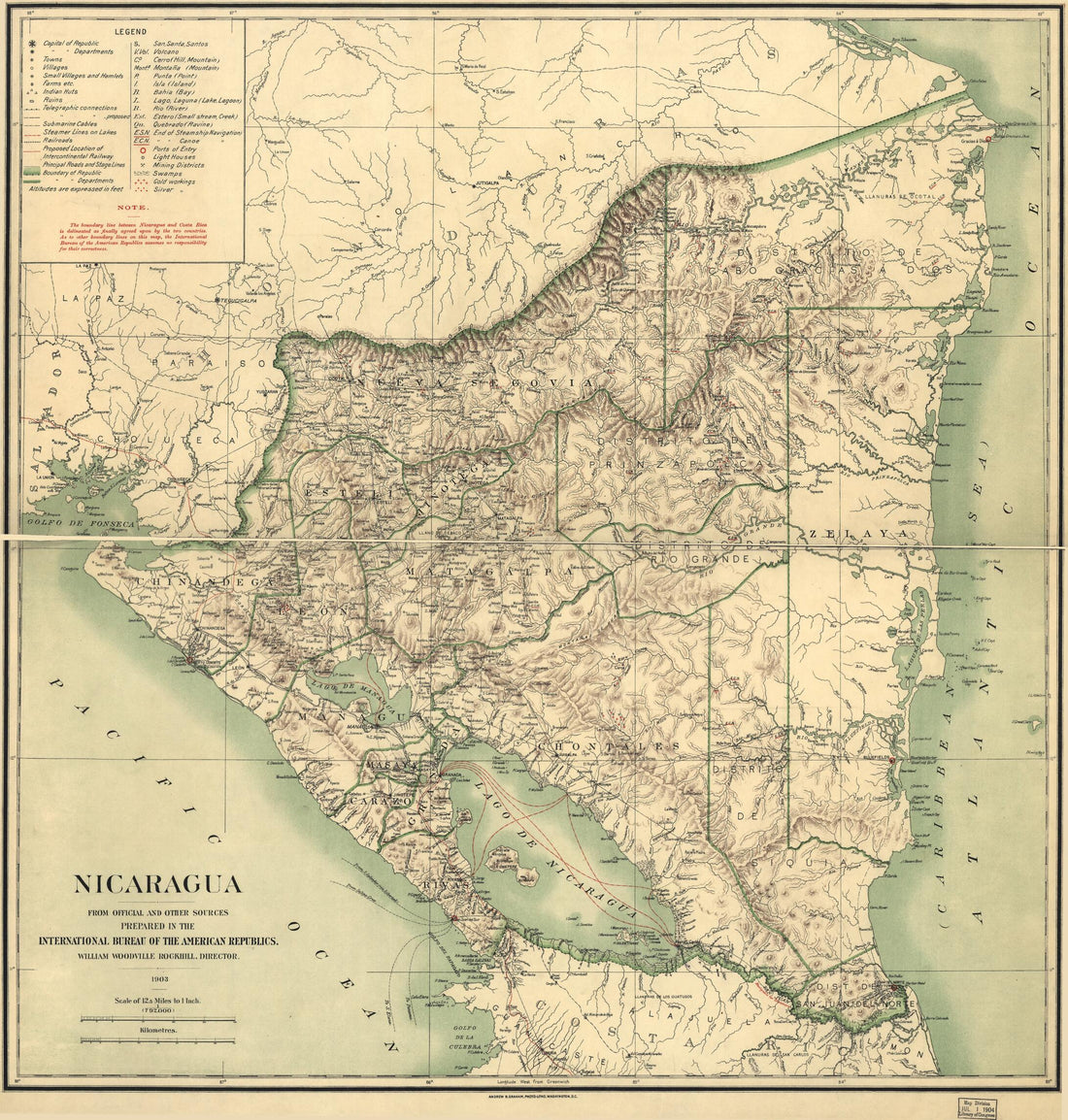 This old map of Nicaragua from 1903 was created by International Bureau of the American Republics, William Woodville Rockhill in 1903