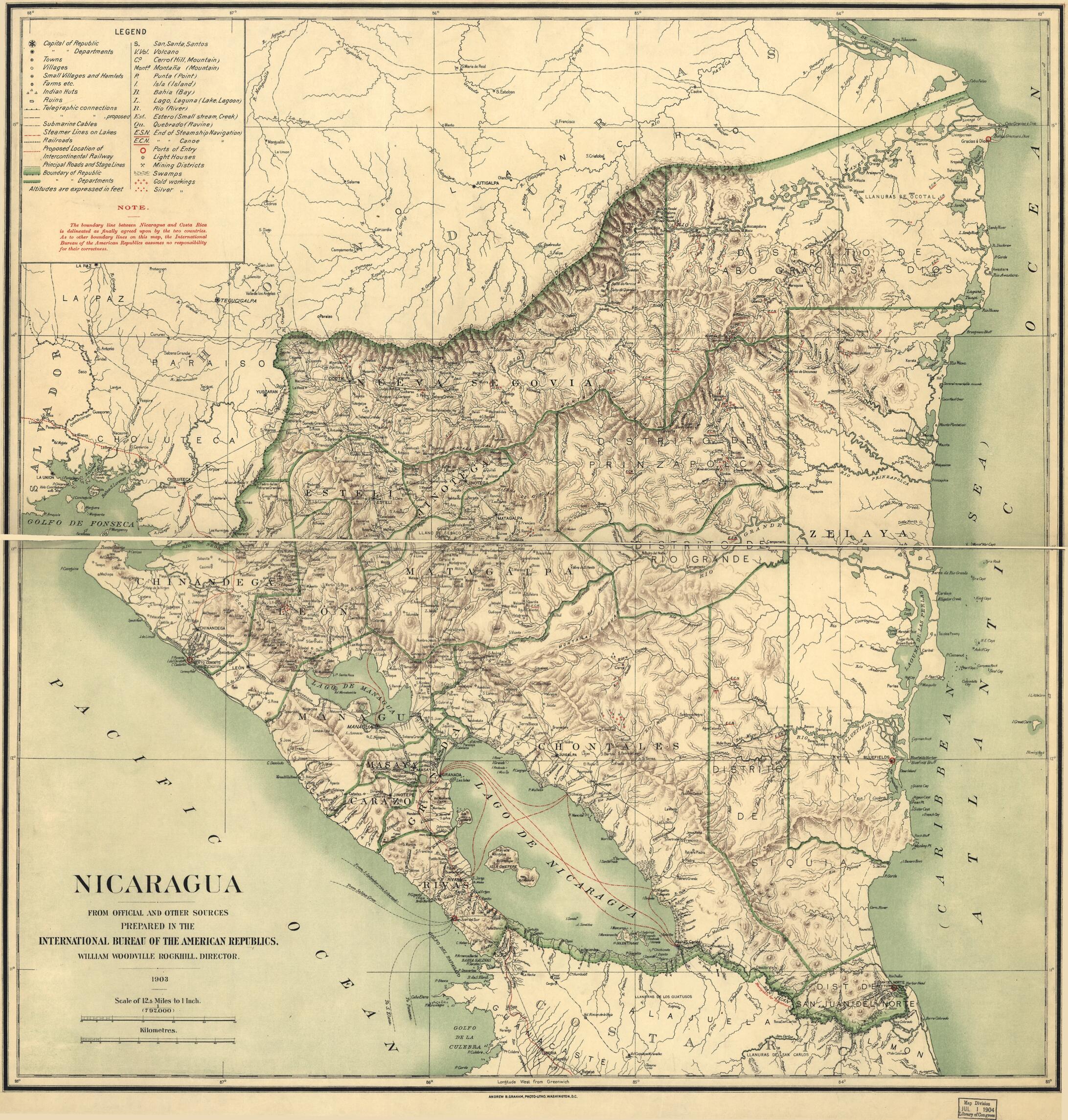 This old map of Nicaragua from 1903 was created by International Bureau of the American Republics, William Woodville Rockhill in 1903
