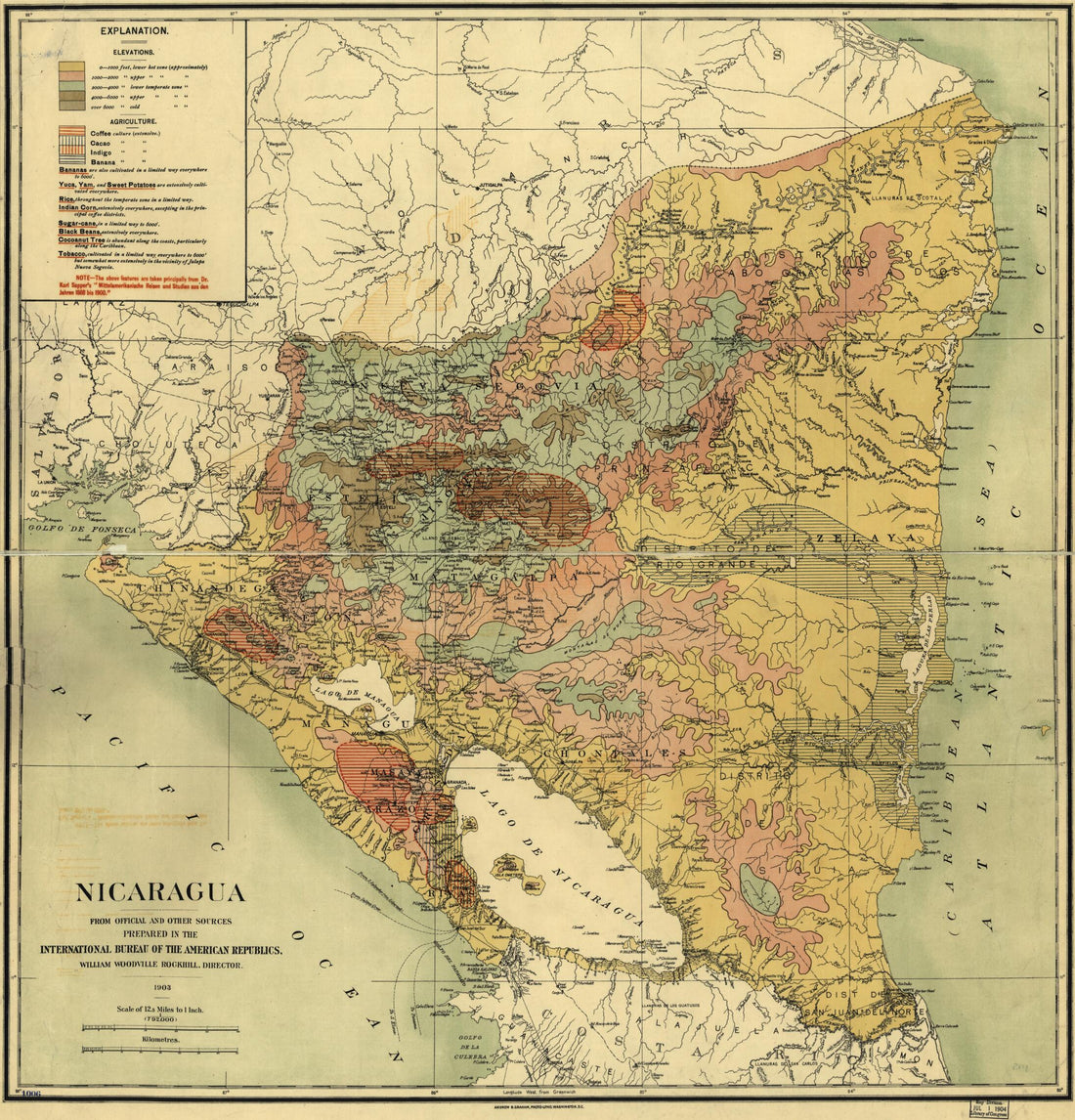 This old map of Nicaragua from 1903 was created by International Bureau of the American Republics, William Woodville Rockhill in 1903