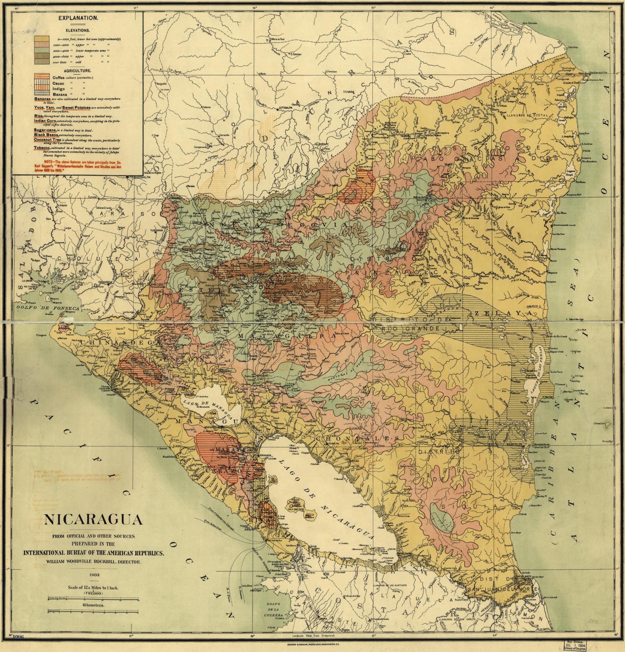 This old map of Nicaragua from 1903 was created by International Bureau of the American Republics, William Woodville Rockhill in 1903