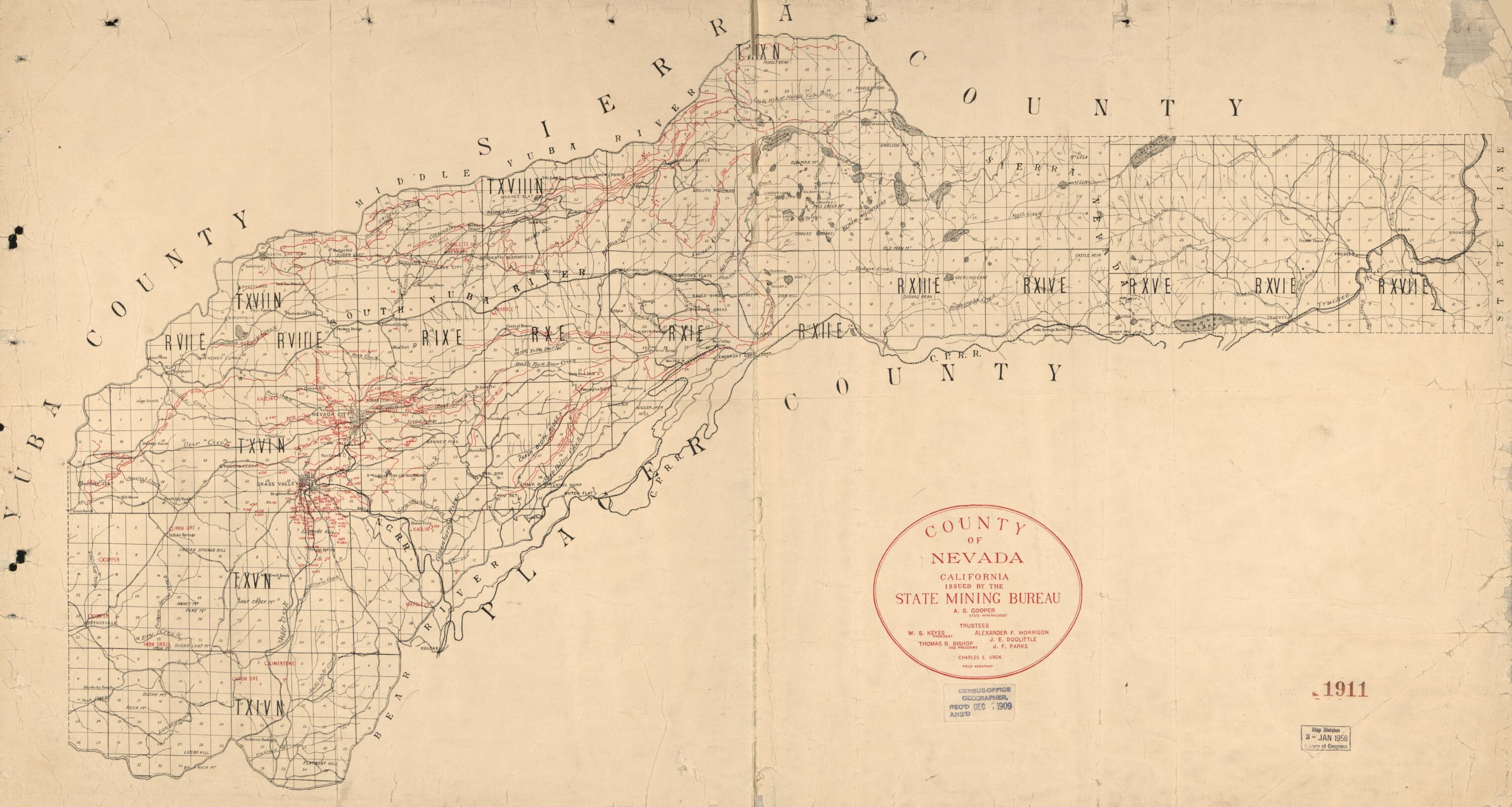 This old map of County of Nevada, California from 1909 was created by California State Mining Bureau in 1909