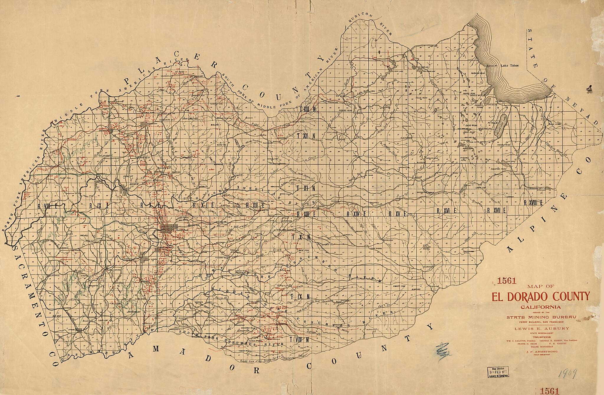 This old map of Map of El Dorado County, California from 1909 was created by California State Mining Bureau in 1909