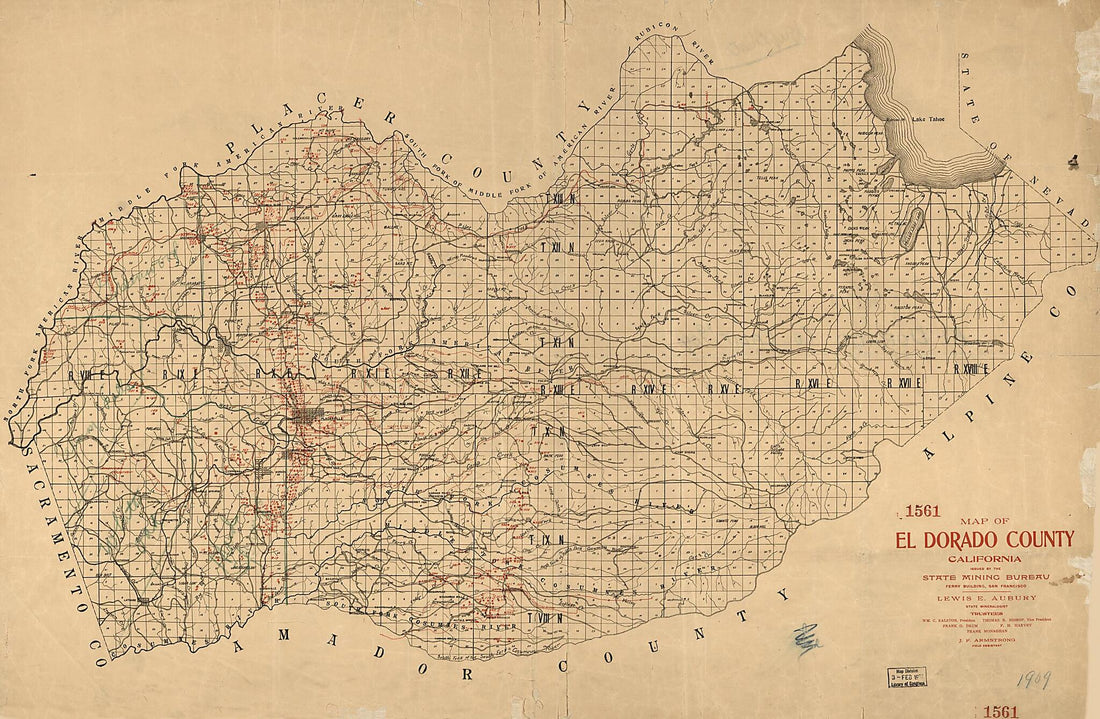 This old map of Map of El Dorado County, California from 1909 was created by California State Mining Bureau in 1909
