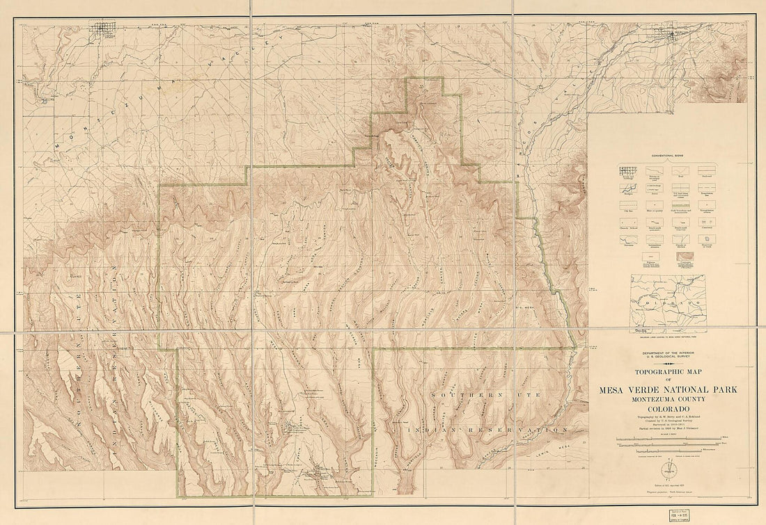This old map of Topographic Map of Mesa Verde National Park : Montezuma County, Colorado from 1928 was created by Richard W. Berry, C. A. Ecklund, Geological Survey (U.S.), Max J. Gleissner in 1928