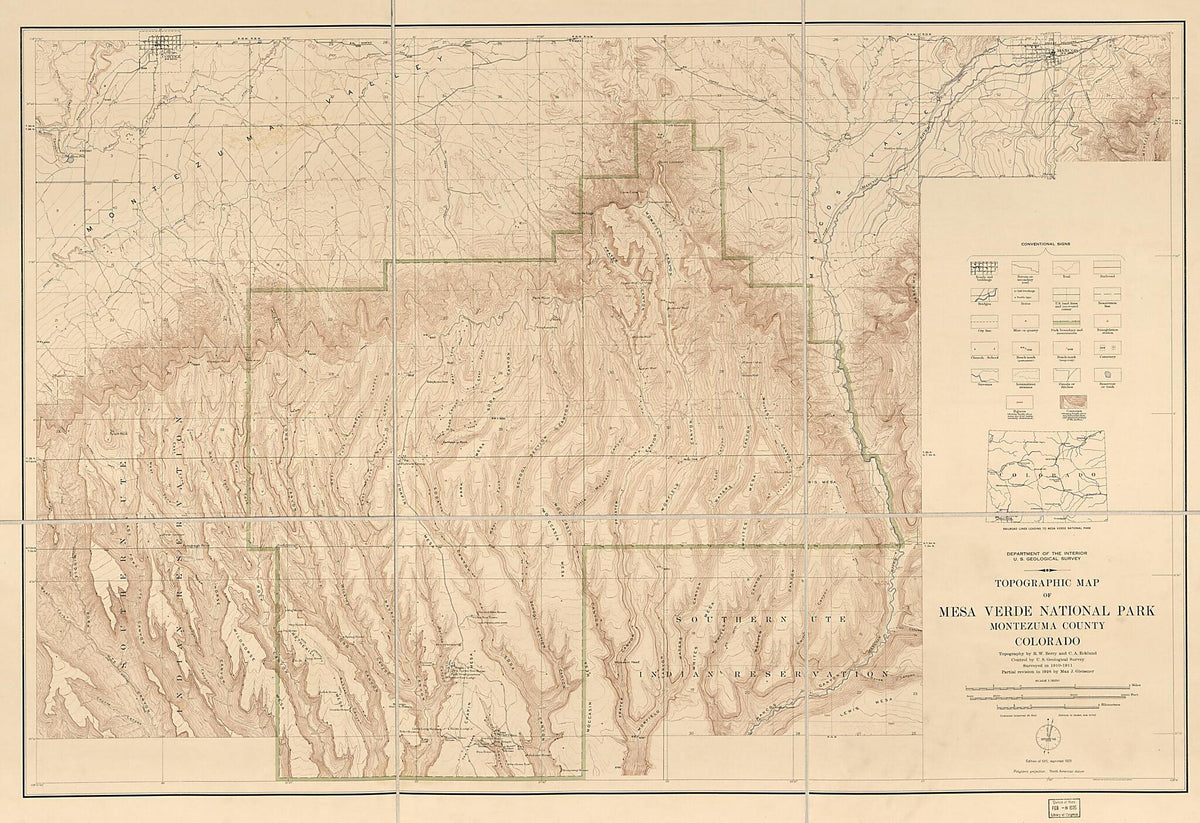 Topographic Map of Mesa Verde National Park : Montezuma County, Colorado 1928 by Relic Map Company