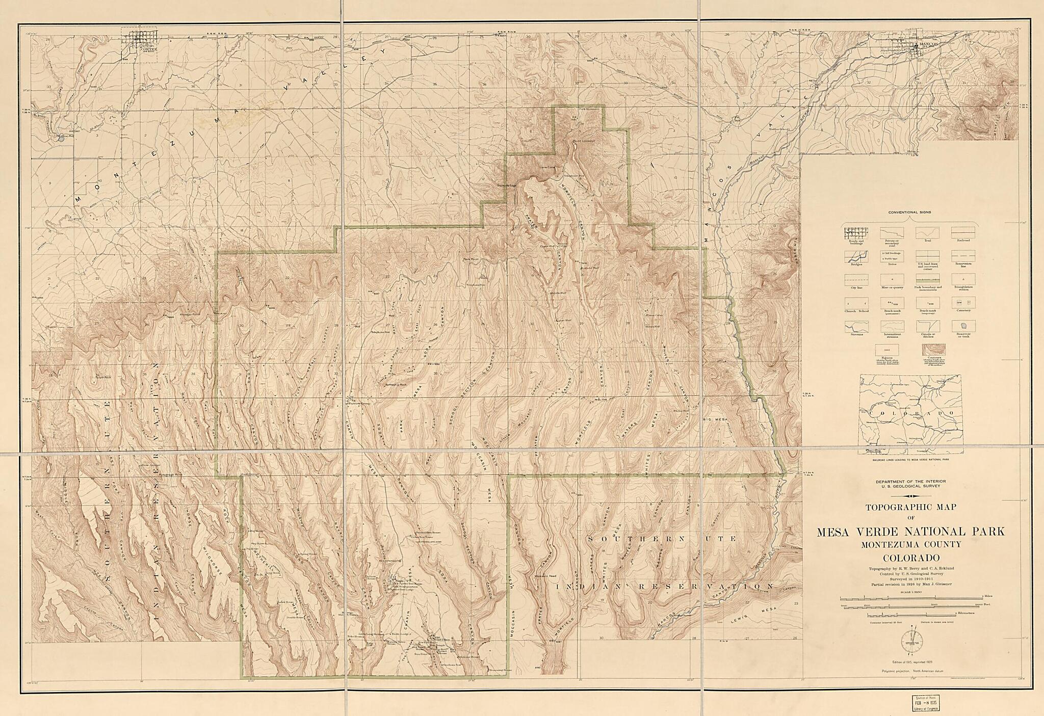 This old map of Topographic Map of Mesa Verde National Park : Montezuma County, Colorado from 1928 was created by Richard W. Berry, C. A. Ecklund, Geological Survey (U.S.), Max J. Gleissner in 1928
