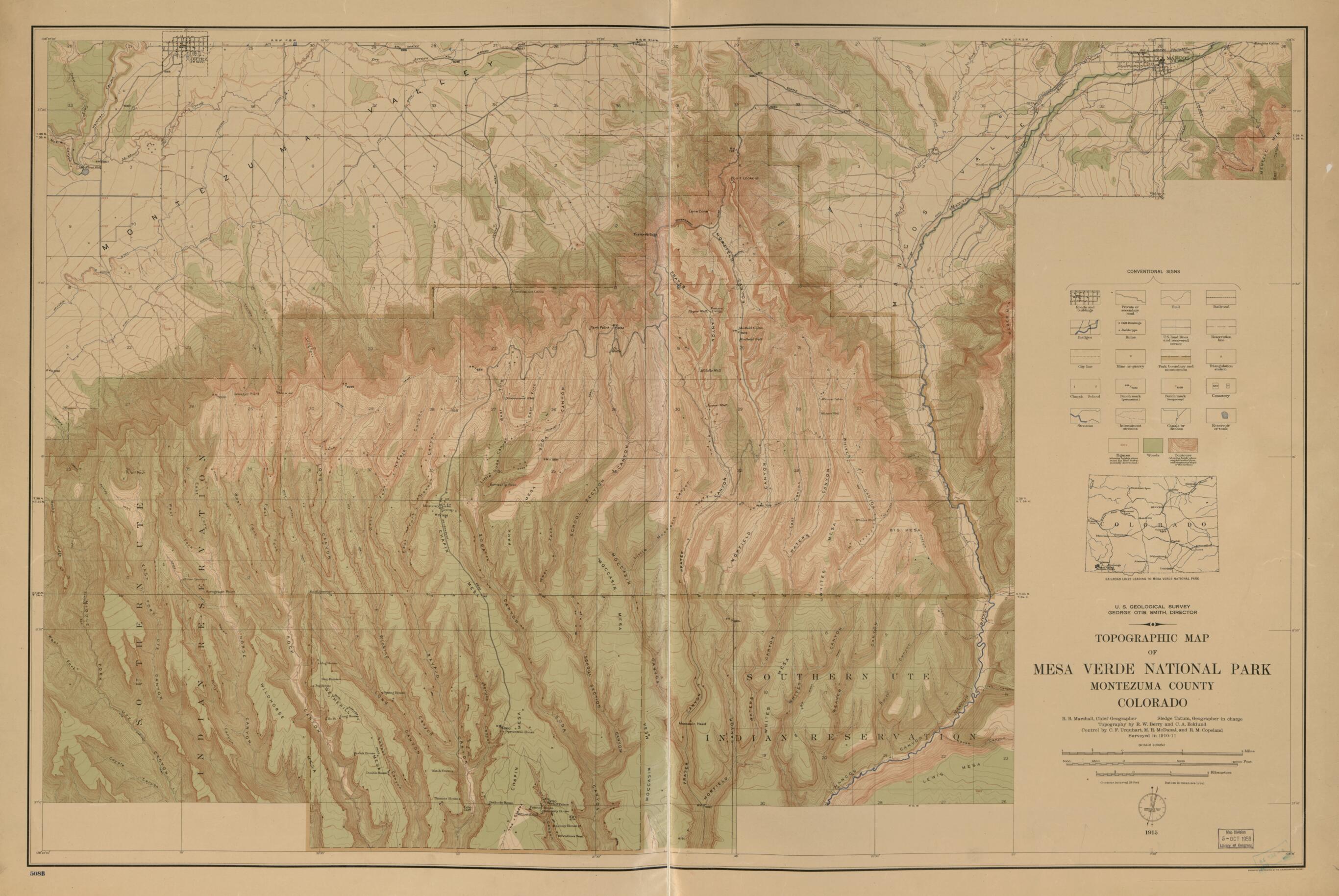 This old map of Topographic Map of Mesa Verde National Park : Montezuma County, Colorado from 1915 was created by Richard W. Berry, C. A. Ecklund, Geological Survey (U.S.), R. B. Marshall, Sledge Tatum in 1915