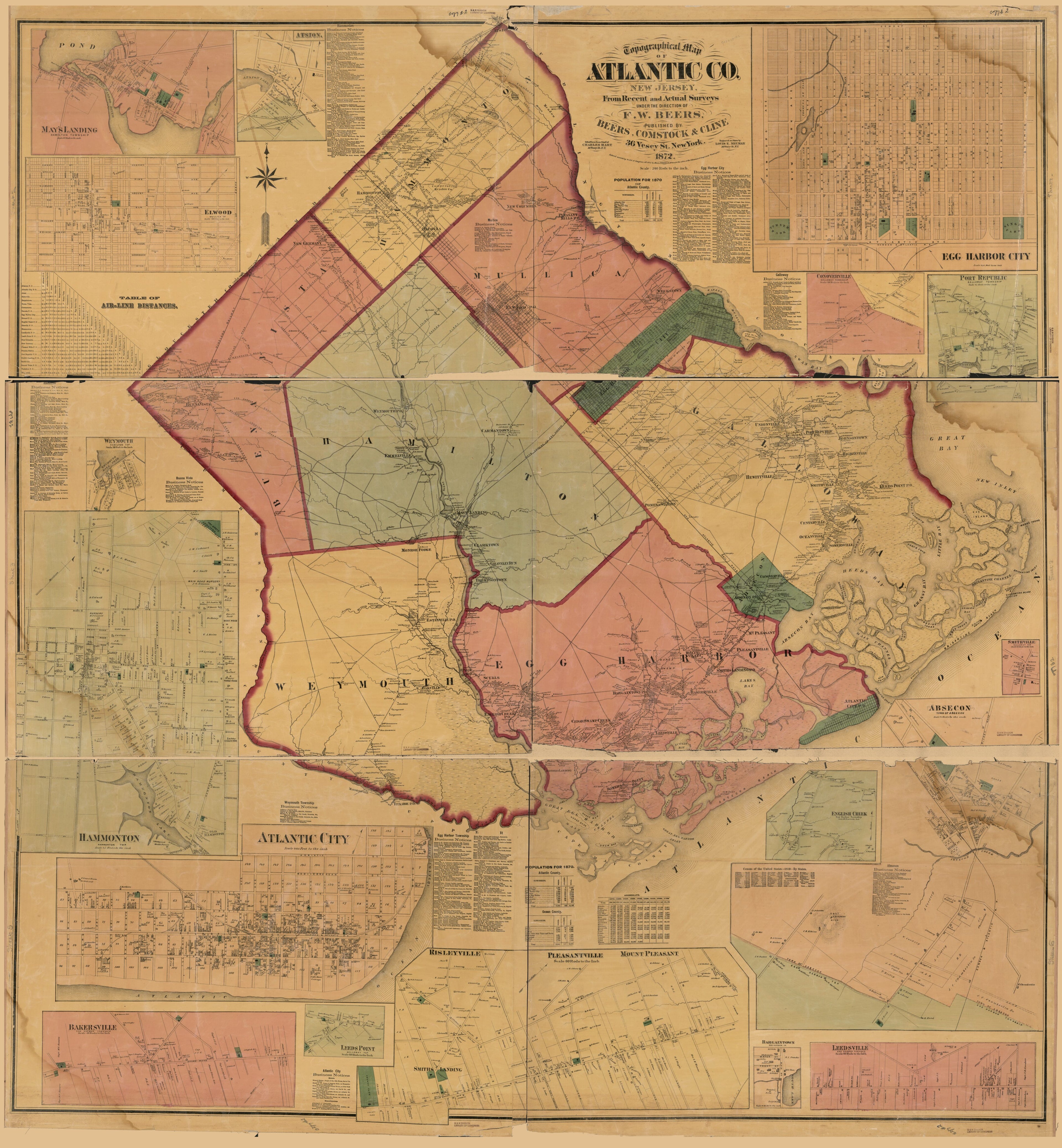 This old map of Topographical Map of Atlantic Co., New Jersey : from Recent and Actual Surveys from 1872 was created by Comstock & Cline Beers, F. W. (Frederick W.) Beers, Chas. (Charles) Hart, Louis E. Neumann in 1872