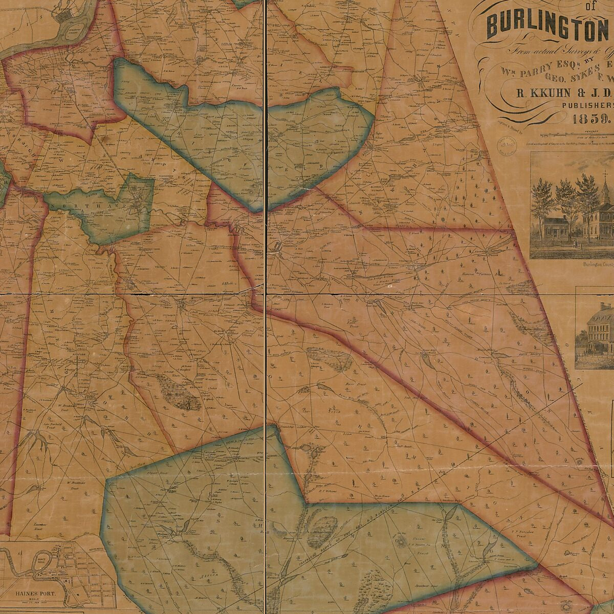 This old map of New Map of Burlington County : from Actual Surveys & Official Records from 1859 was created by F. W. Earl,  P.S. Duval & Co, William Parry,  R.K. Kuhn & J.D. Janney (Firm), George Sykes in 1859