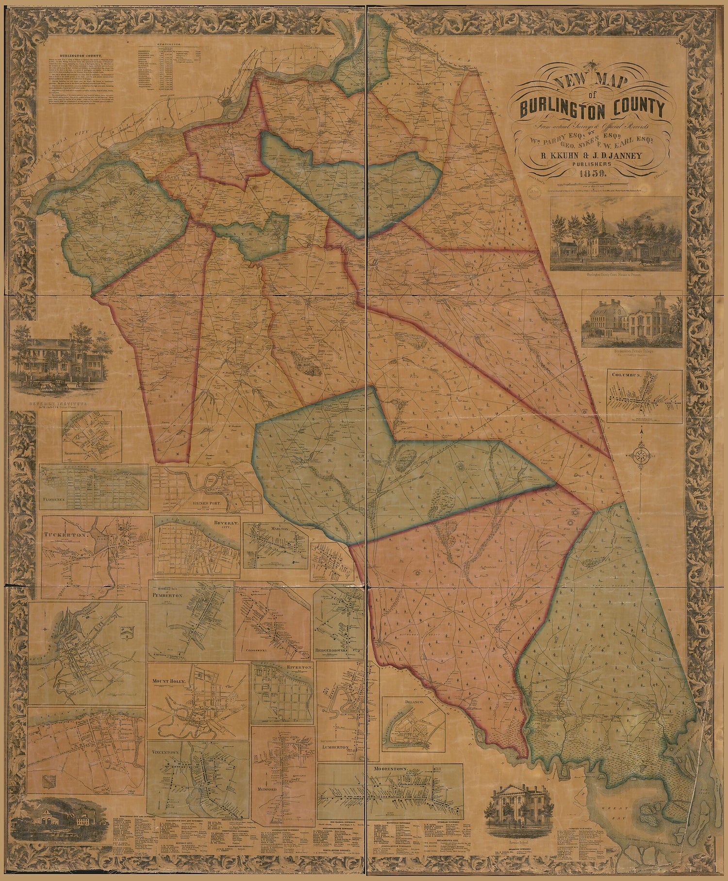 This old map of New Map of Burlington County : from Actual Surveys & Official Records from 1859 was created by F. W. Earl,  P.S. Duval & Co, William Parry,  R.K. Kuhn & J.D. Janney (Firm), George Sykes in 1859