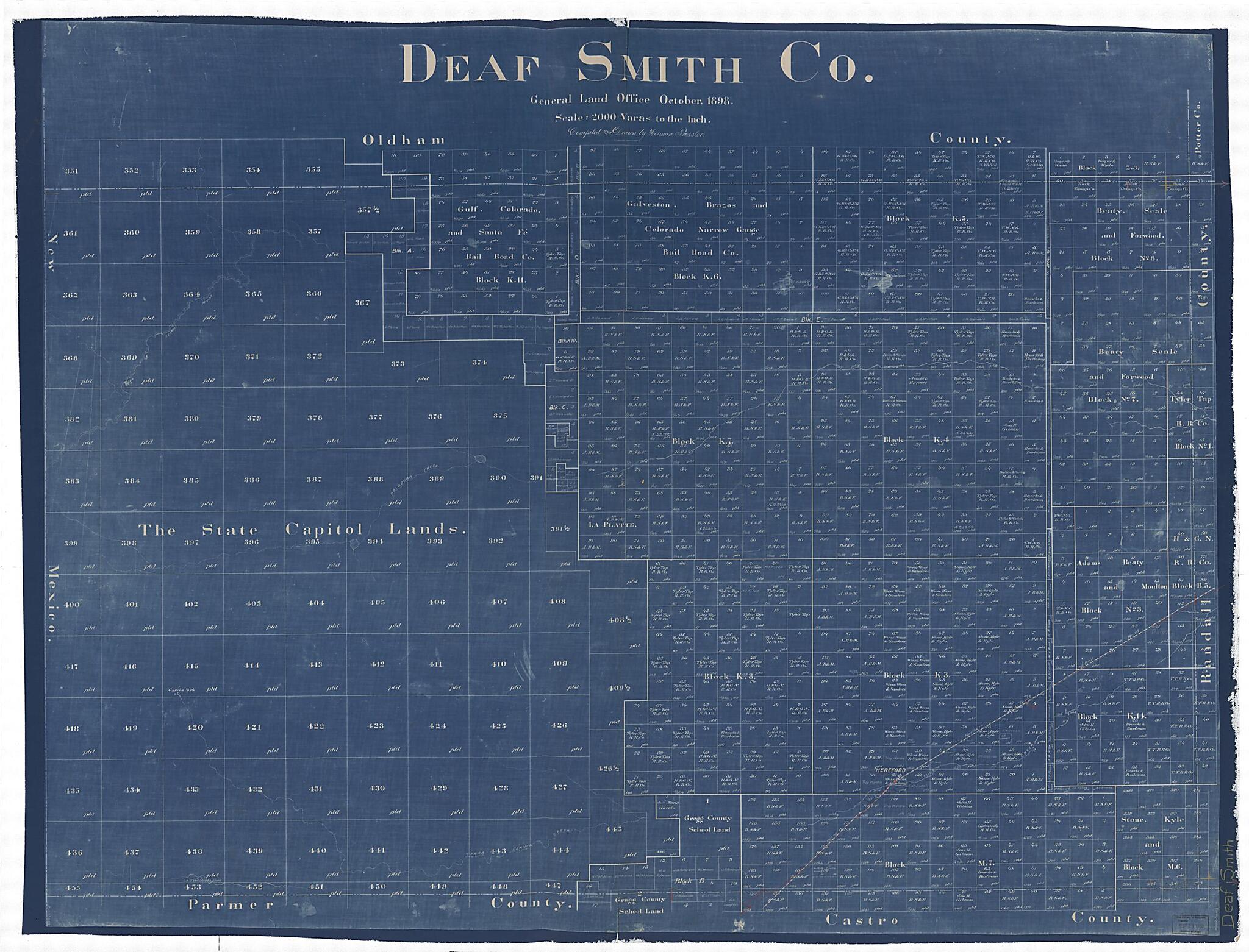 This old map of Deaf Smith Co from 1898 was created by Herman Pressler, Texas. General Land Office in 1898