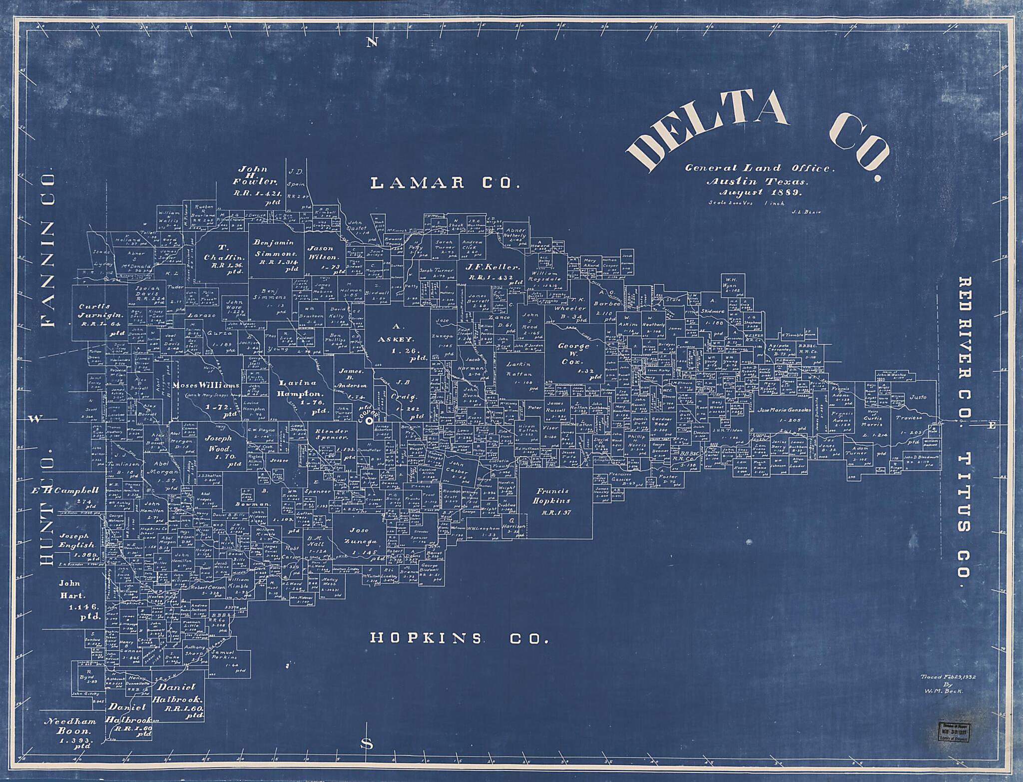 This old map of Delta County (Delta County, Texas) from 1889 was created by J. L. Blain, Texas. General Land Office in 1889