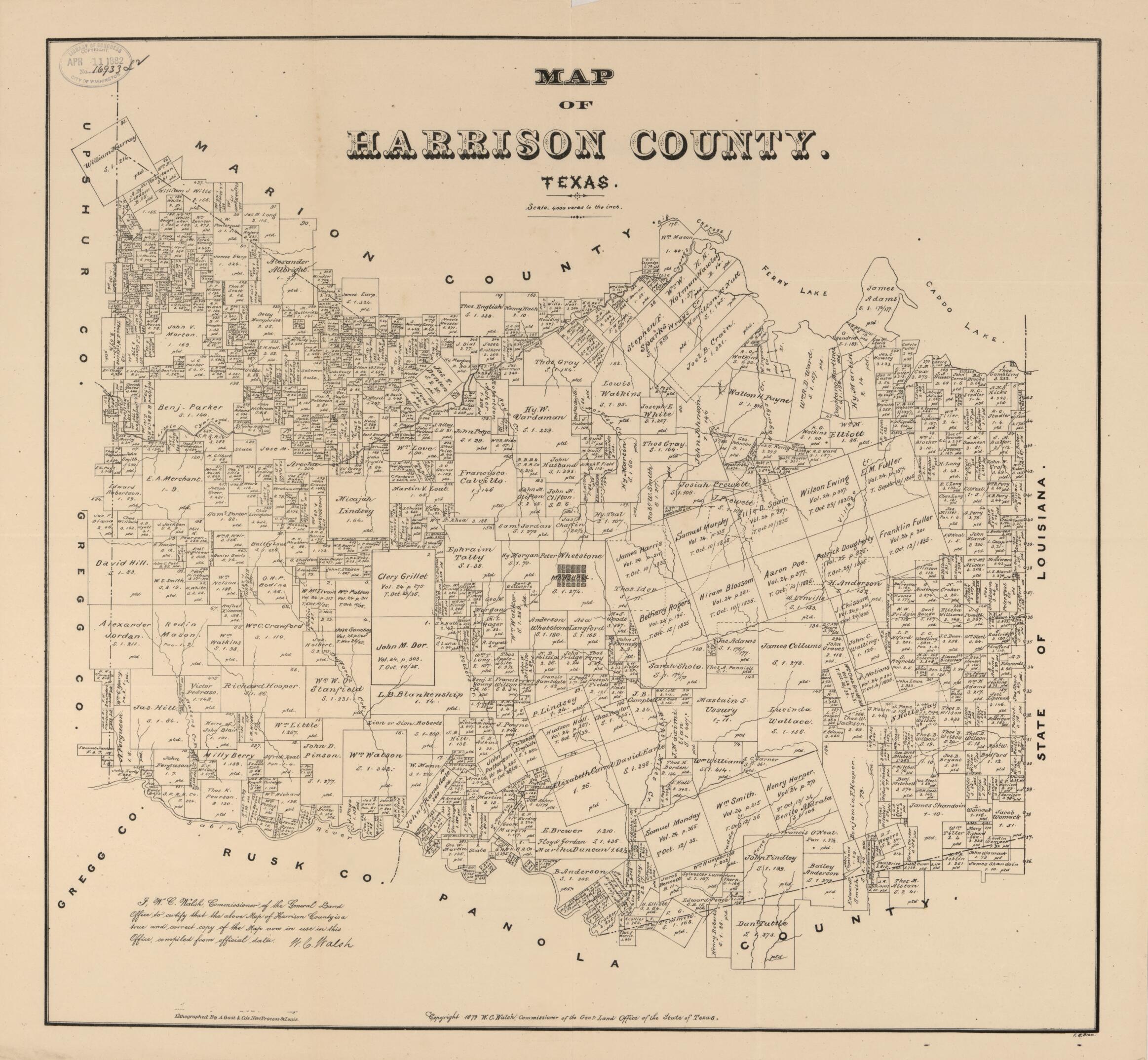 This old map of Map of Harrison County, Texas from 1879 was created by August Gast & Co, Texas. General Land Office, W. C. (William C.) Walsh in 1879
