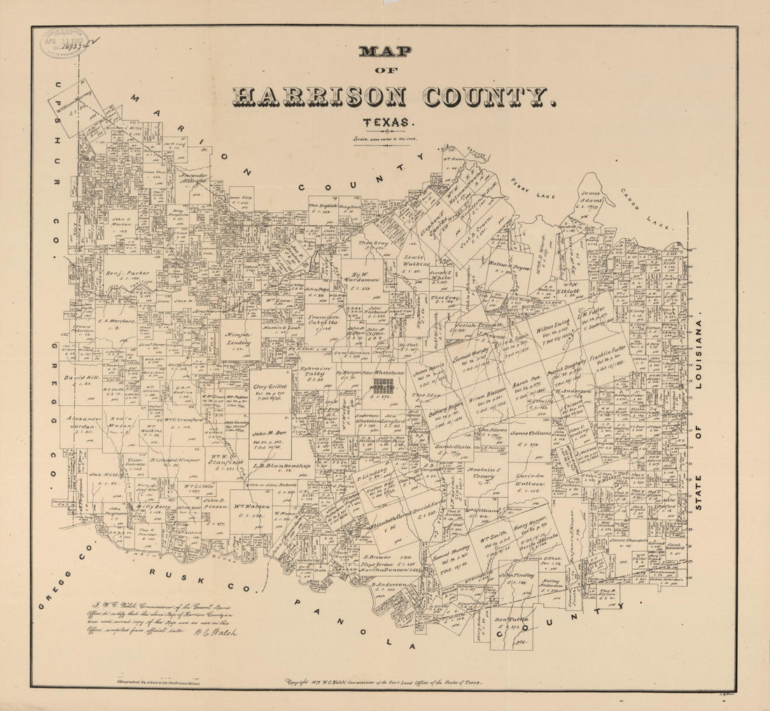 This old map of Map of Harrison County, Texas from 1879 was created by August Gast & Co, Texas. General Land Office, W. C. (William C.) Walsh in 1879