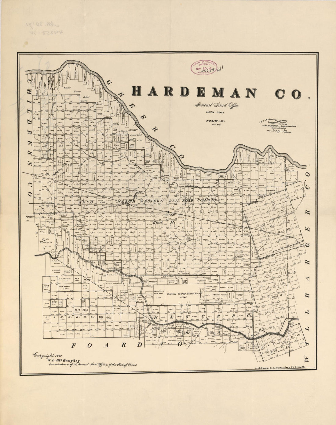 This old map of Hardeman Co. (Hardeman County, Texas) from 1891 was created by W. L. McGaughey, Texas. General Land Office in 1891