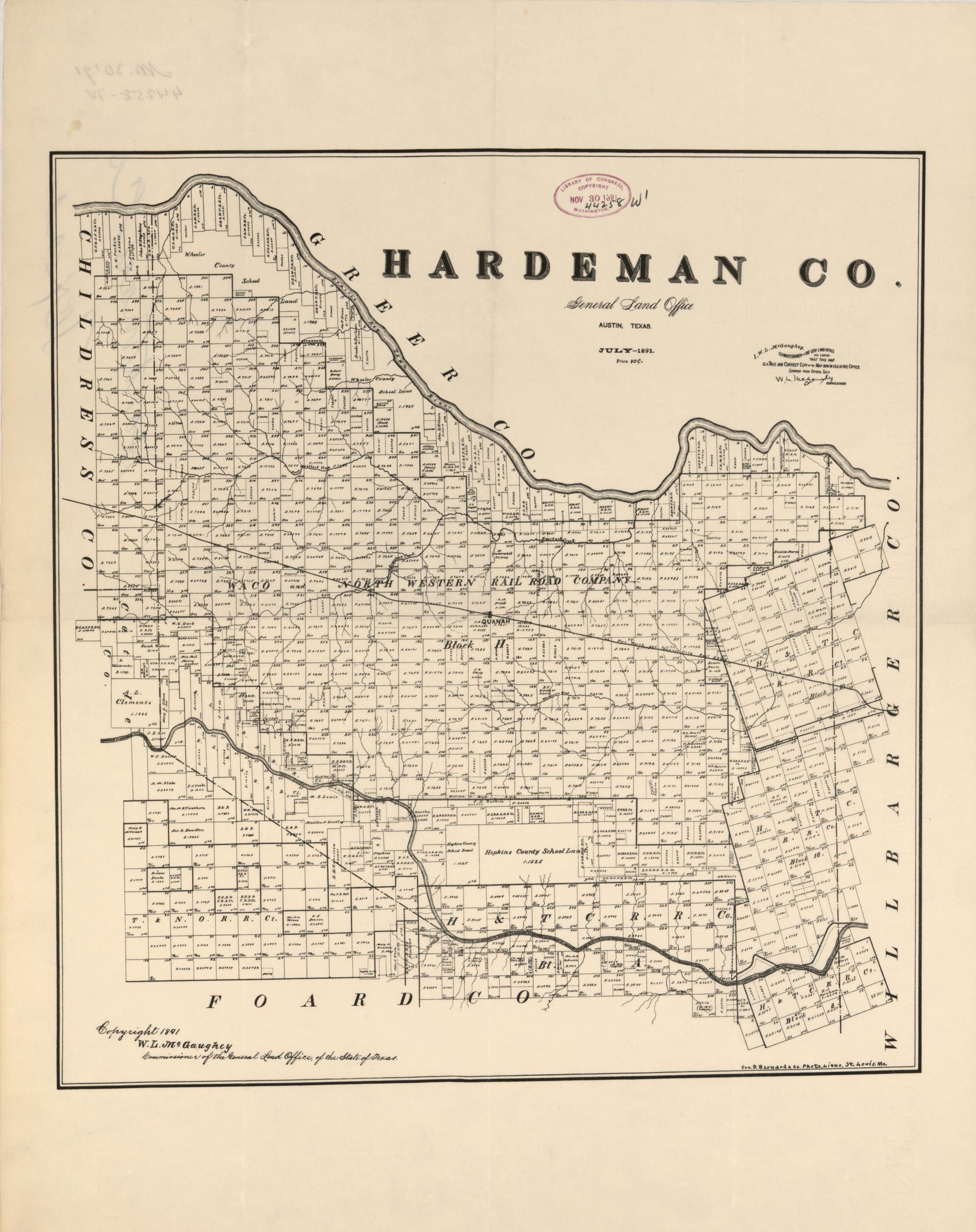 This old map of Hardeman Co. (Hardeman County, Texas) from 1891 was created by W. L. McGaughey, Texas. General Land Office in 1891
