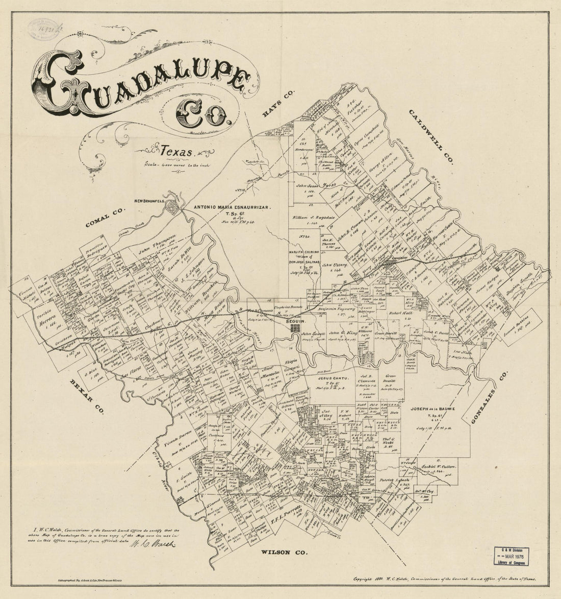 This old map of Guadalupe Co., Texas. (Guadalupe County, Texas) from 1880 was created by August Gast & Co, Texas. General Land Office, W. C. (William C.) Walsh in 1880