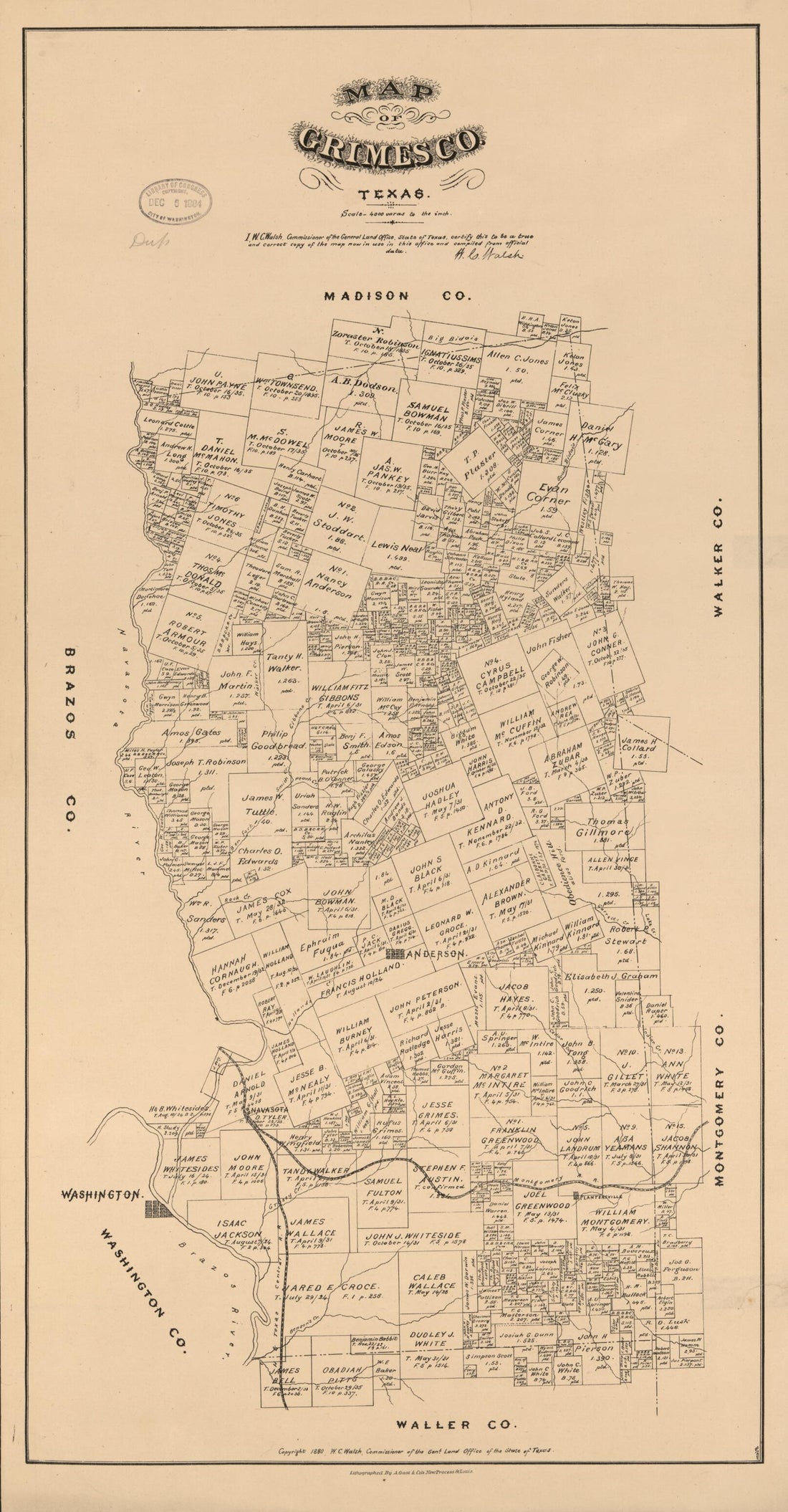 This old map of Map of Grimes Co., Texas. (Map of Grimes County, Texas) from 1880 was created by August Gast & Co, Texas. General Land Office, W. C. (William C.) Walsh in 1880