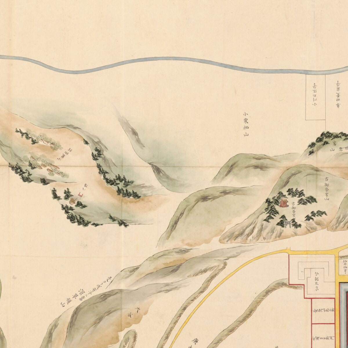 This old map of Fushimi Jōka Machiezu. (伏見城下町絵図) from 1595 was created by  in 1595