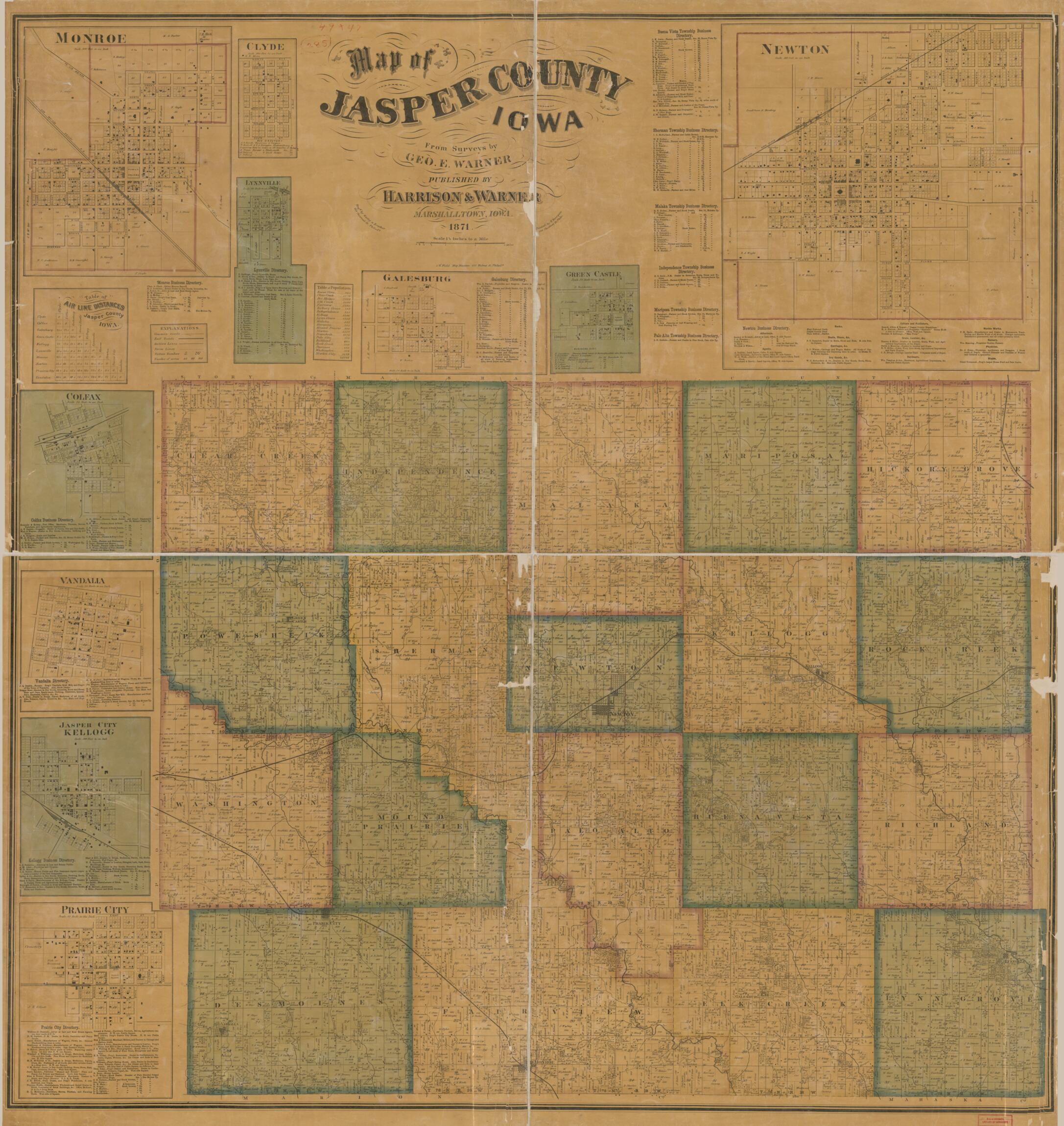 This old map of Map of Jasper County, Iowa from 1871 was created by George E. Warner, Worley & Bracher in 1871