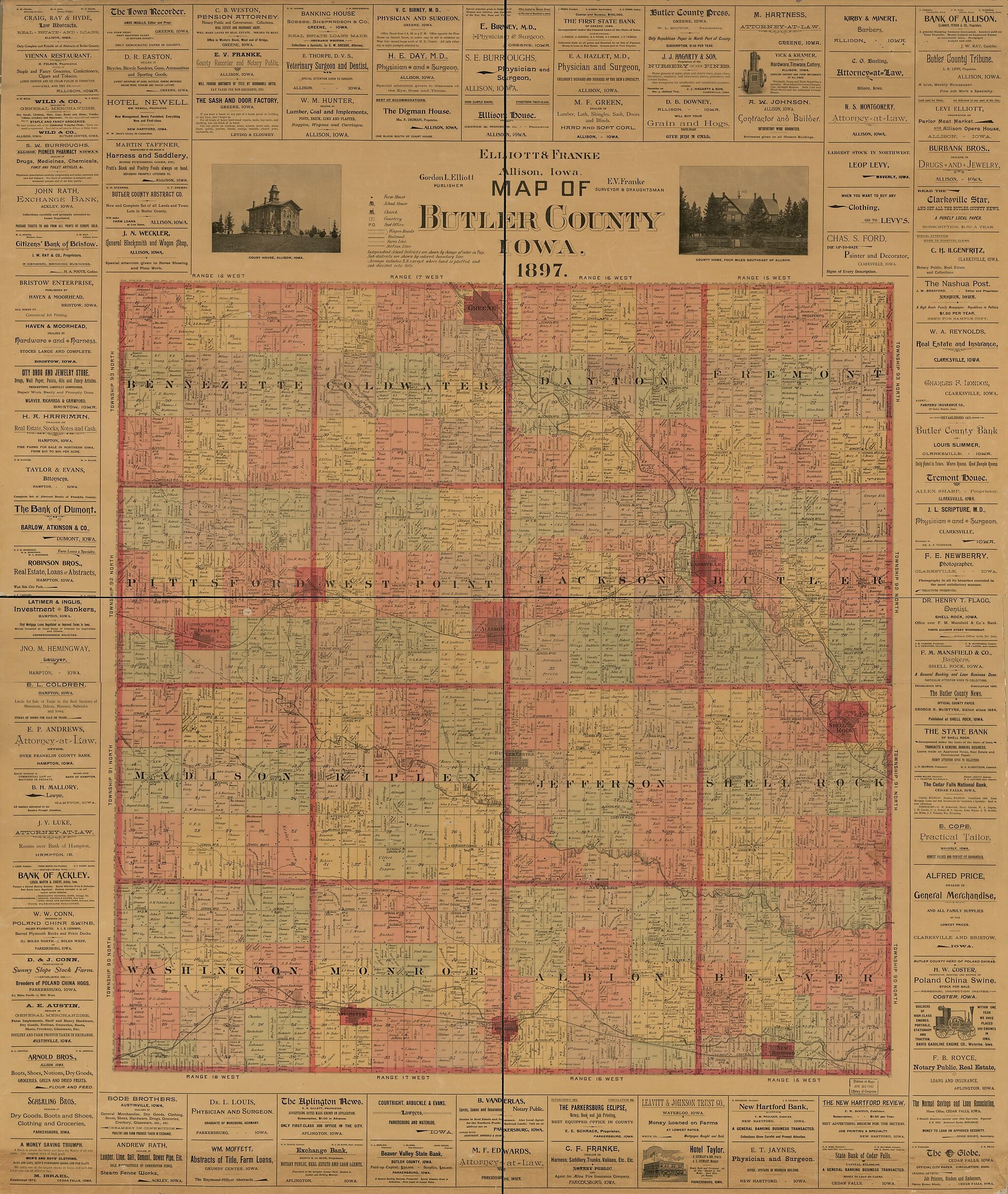 This old map of Map of Butler County, Iowa from 1897 was created by E.V. Franke in 1897