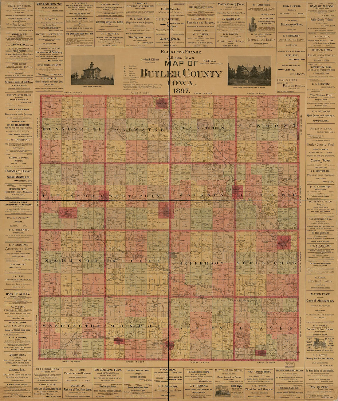 This old map of Map of Butler County, Iowa from 1897 was created by E.V. Franke in 1897