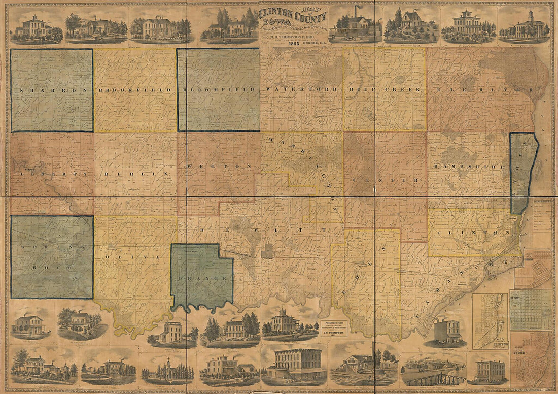 This old map of Map of Clinton County, Iowa from 1865 was created by M.H. Thompson & Bro in 1865