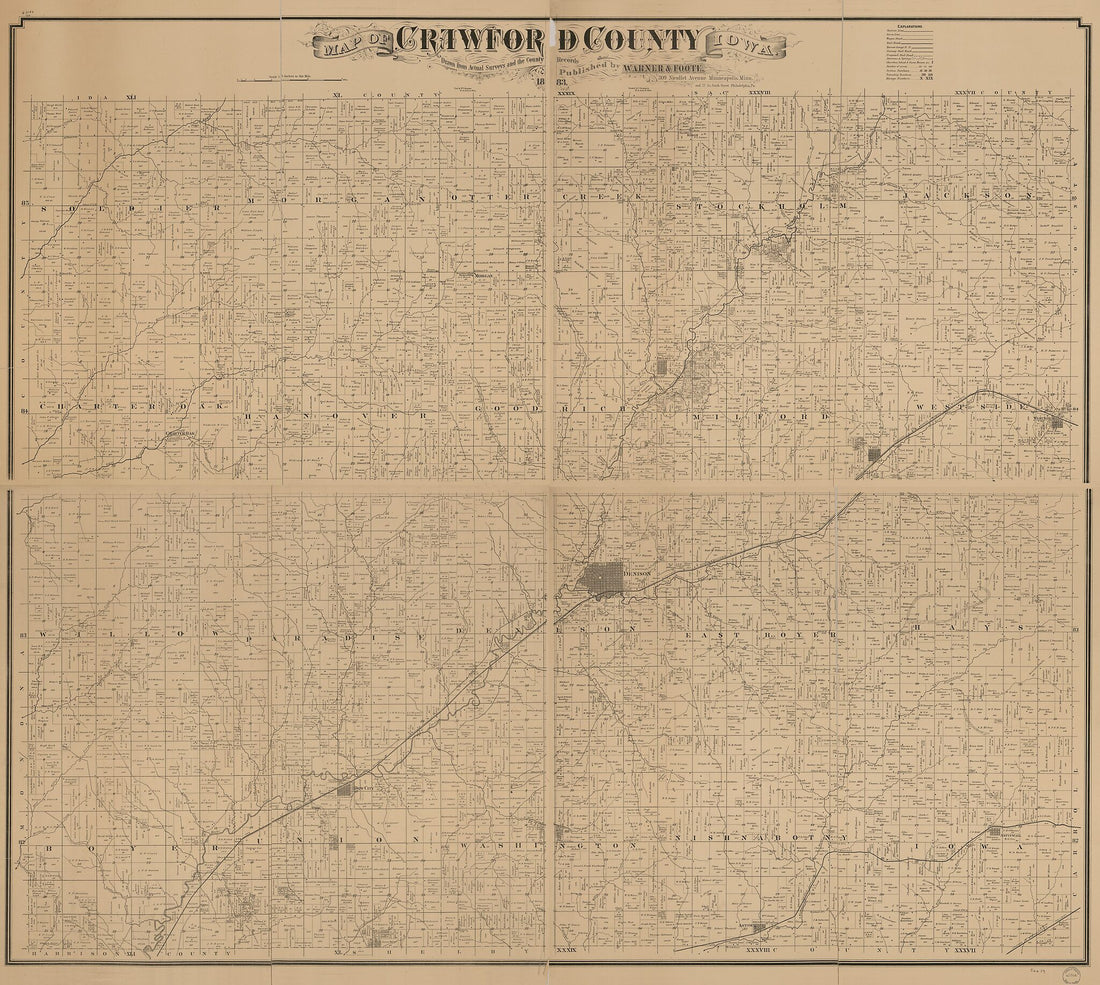 This old map of Map of Crawford County, Iowa from 1883 was created by Wm. (William) Bracher, Warner & Foote in 1883