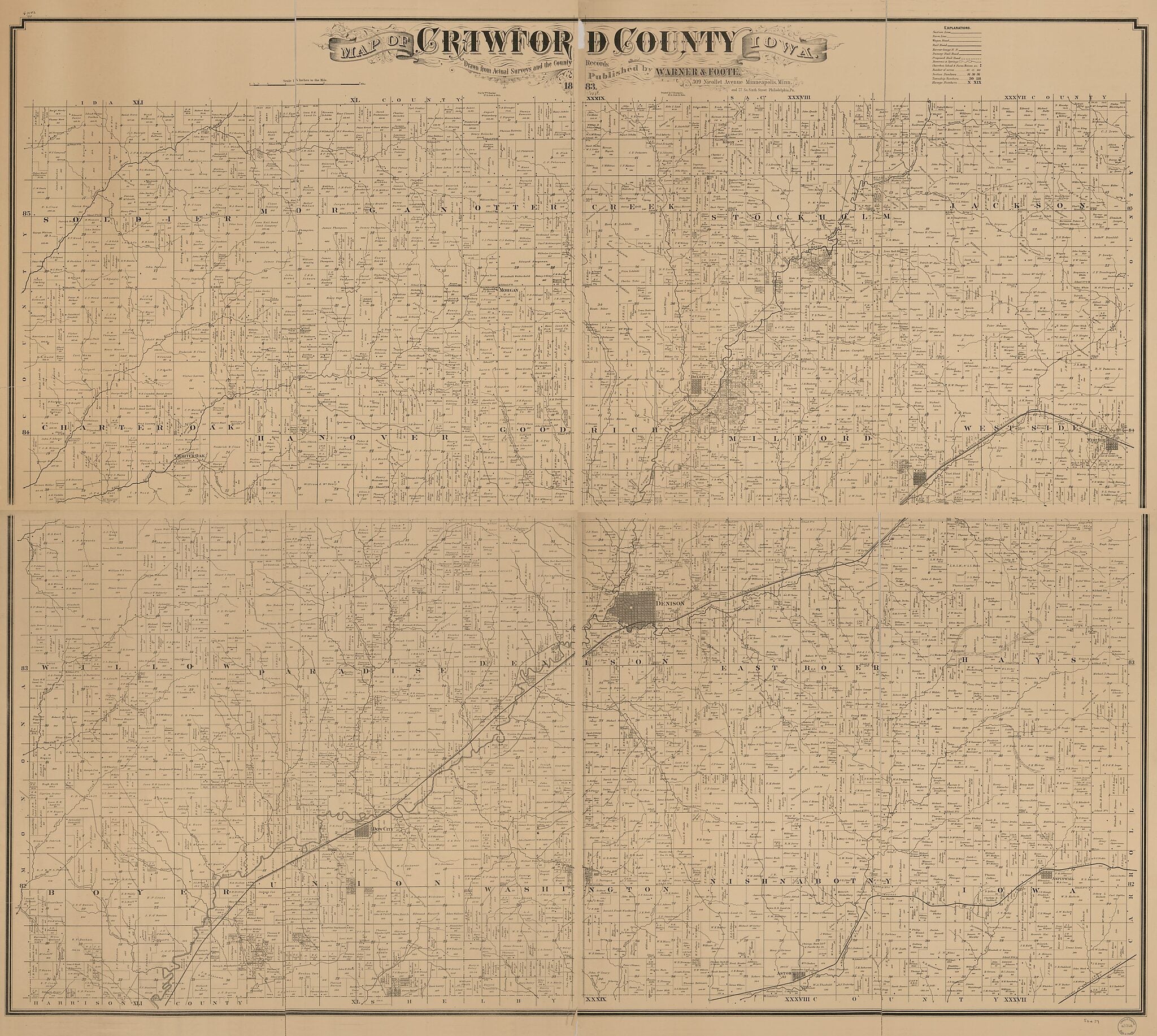 This old map of Map of Crawford County, Iowa from 1883 was created by Wm. (William) Bracher, Warner & Foote in 1883