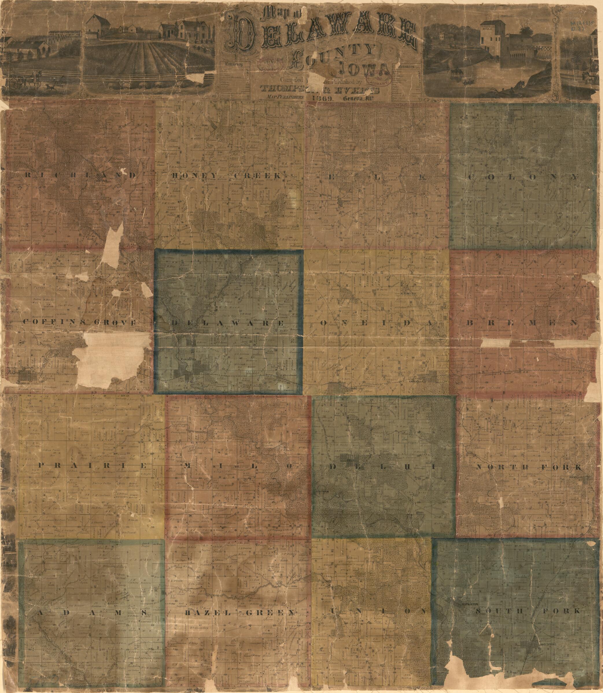 This old map of Map of Delaware County, Iowa from 1869 was created by Thompson and Everts in 1869
