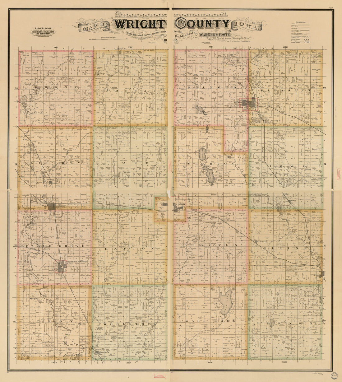 This old map of Map of Wright County, Iowa from 1885 was created by Wm. (William) Bracher, F. Bourquin & Co, Warner & Foote in 1885