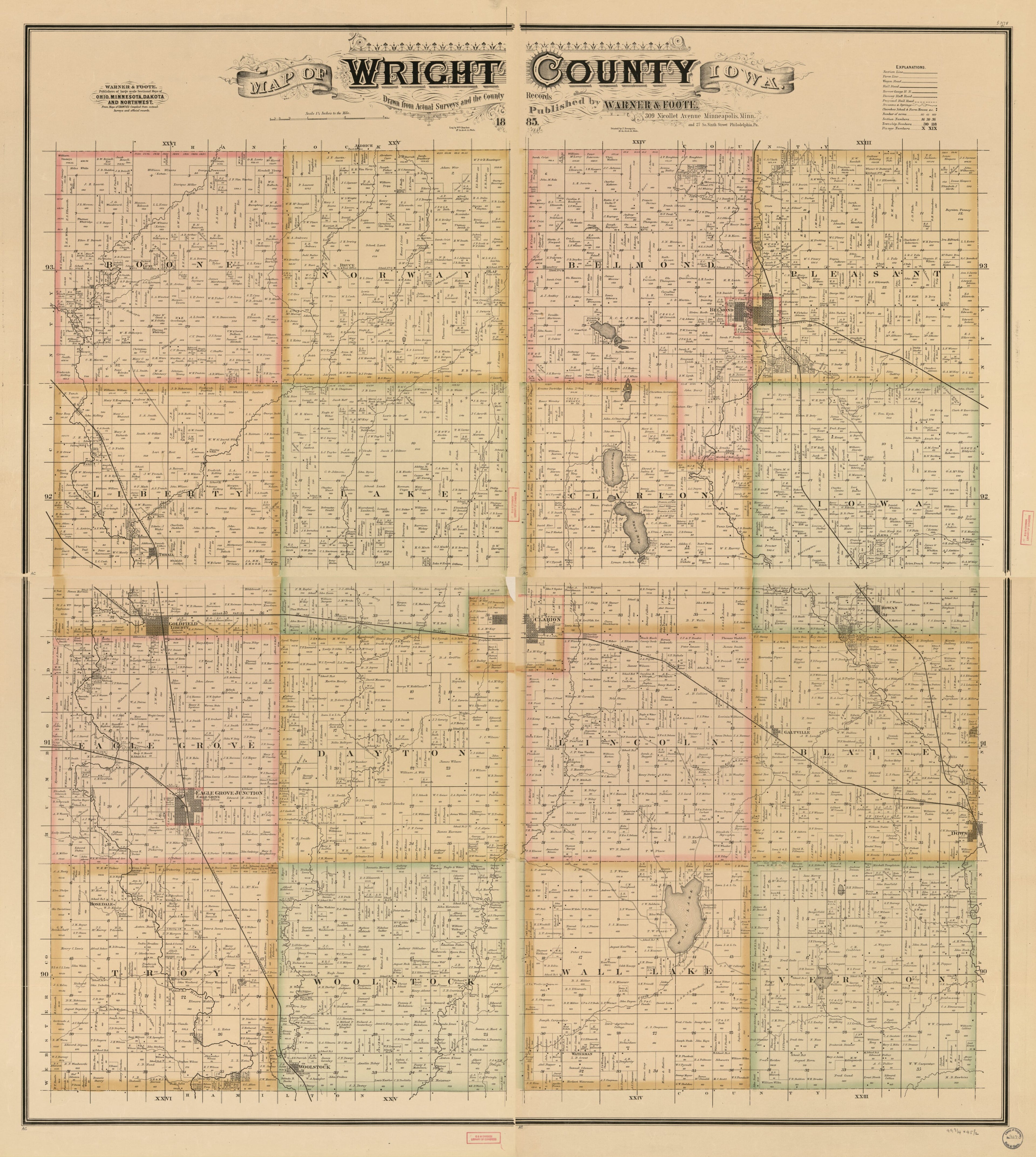 This old map of Map of Wright County, Iowa from 1885 was created by Wm. (William) Bracher, F. Bourquin & Co, Warner & Foote in 1885
