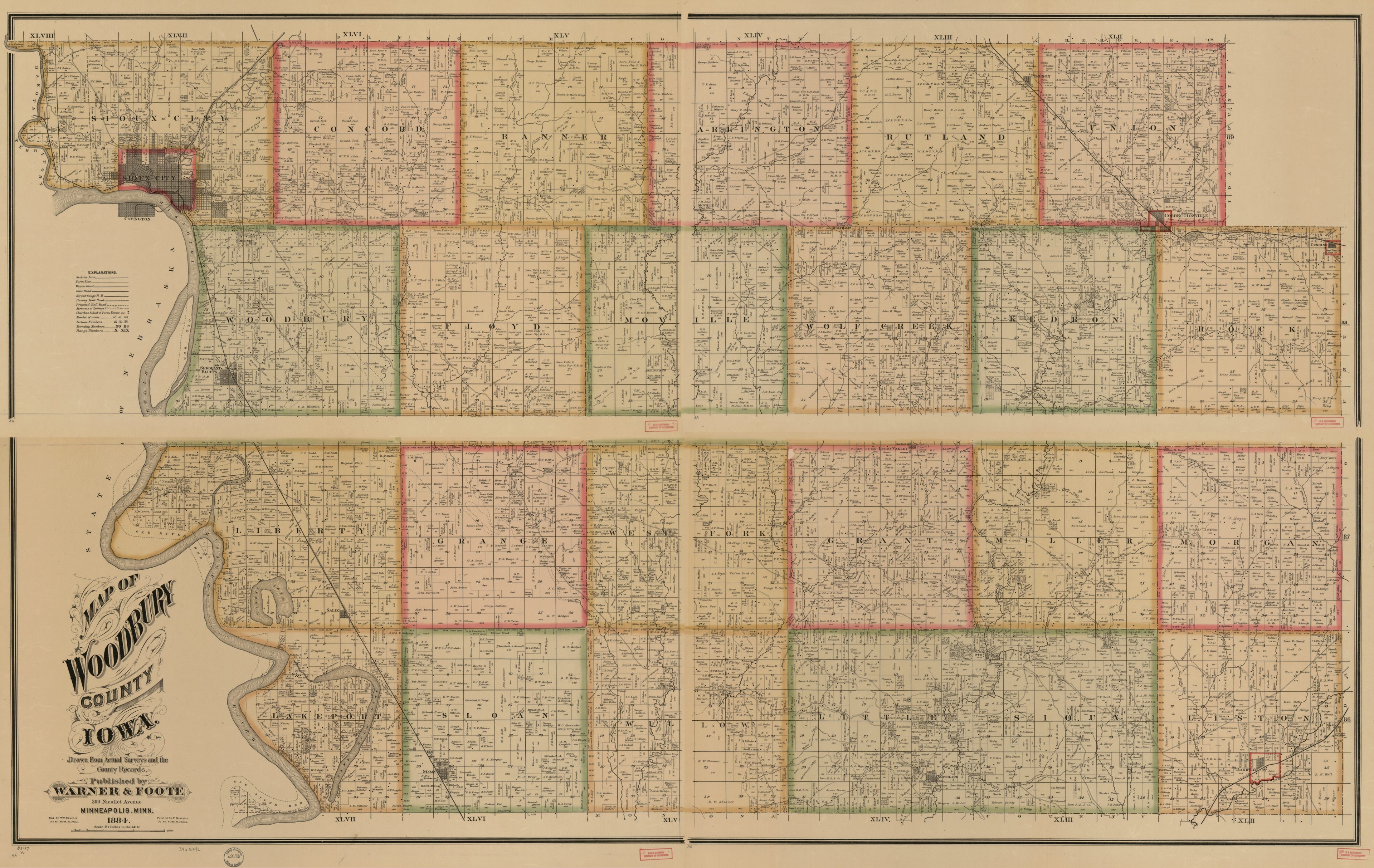 This old map of Map of Woodbury County, Iowa from 1884 was created by Wm. (William) Bracher, F. Bourquin & Co, Warner & Foote in 1884