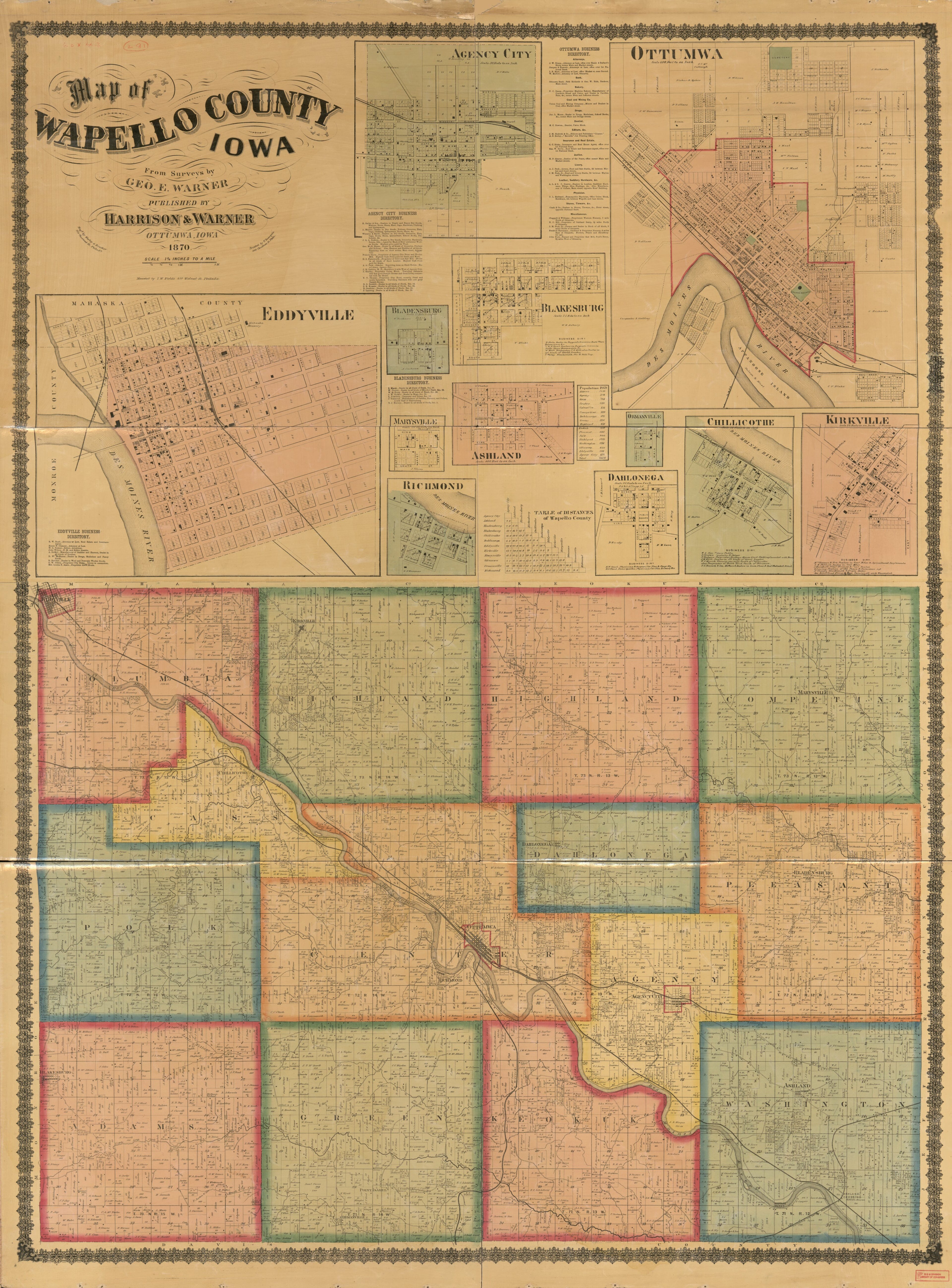 This old map of Map of Wapello County, Iowa from 1870 was created by F. Bourquin & Co, Harrison & Warner, George E. Warner, Worley & Bracher in 1870