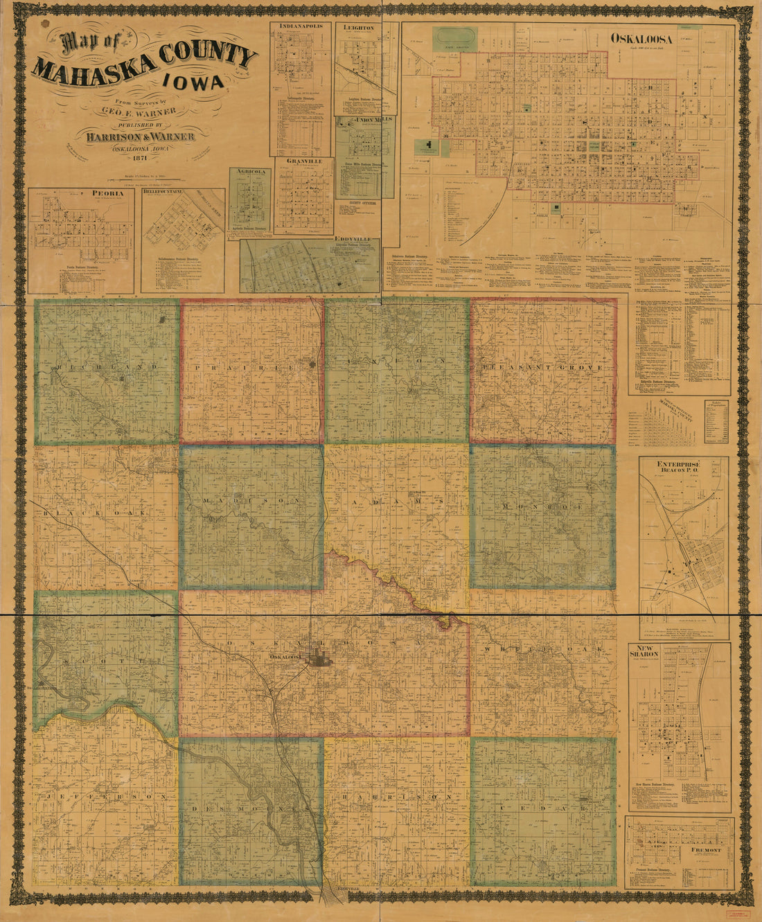 This old map of Map of Mahaska County, Iowa from 1871 was created by F. Bourquin & Co, Harrison & Warner, George E. Warner, Worley & Bracher in 1871