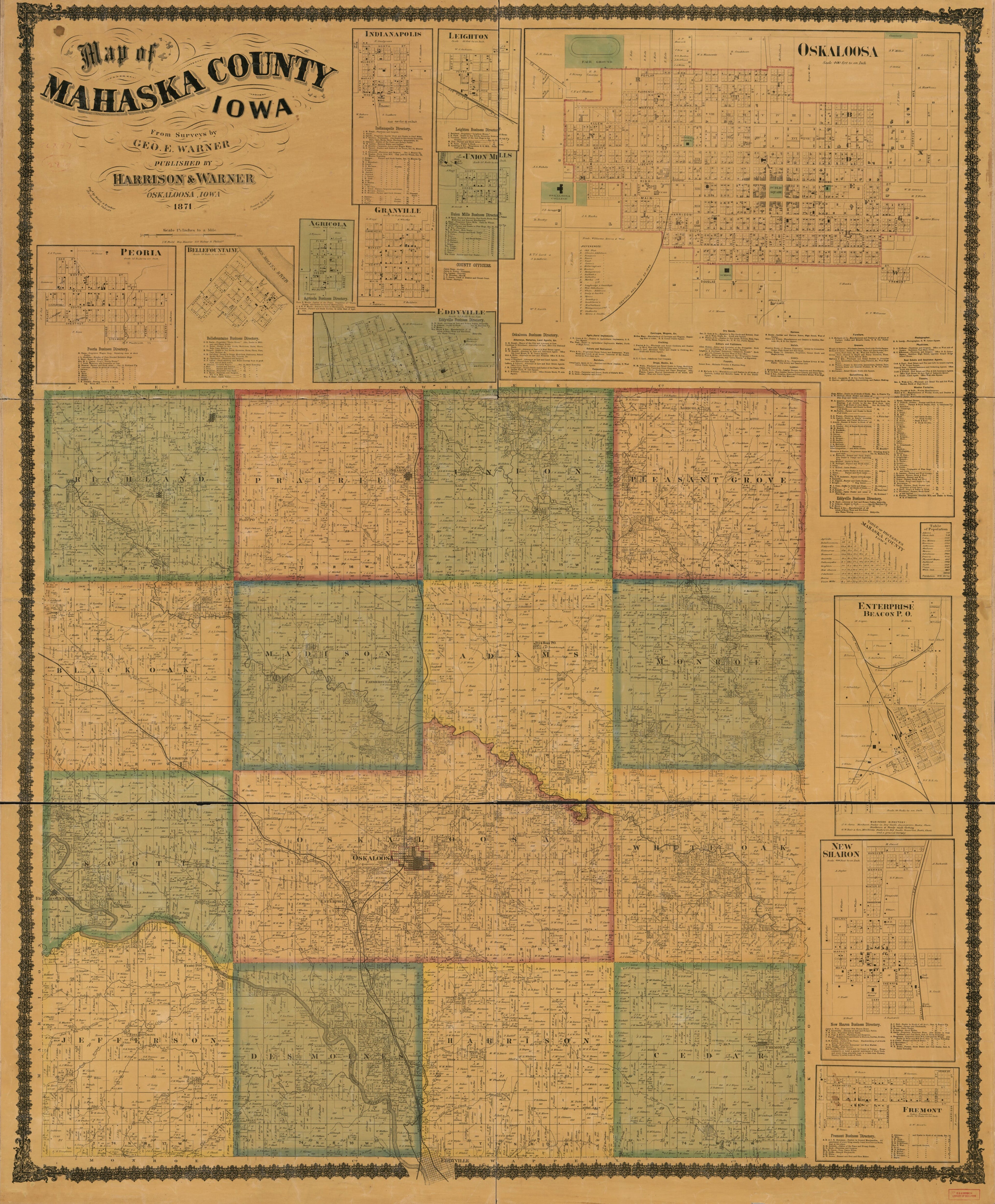 This old map of Map of Mahaska County, Iowa from 1871 was created by F. Bourquin & Co, Harrison & Warner, George E. Warner, Worley & Bracher in 1871
